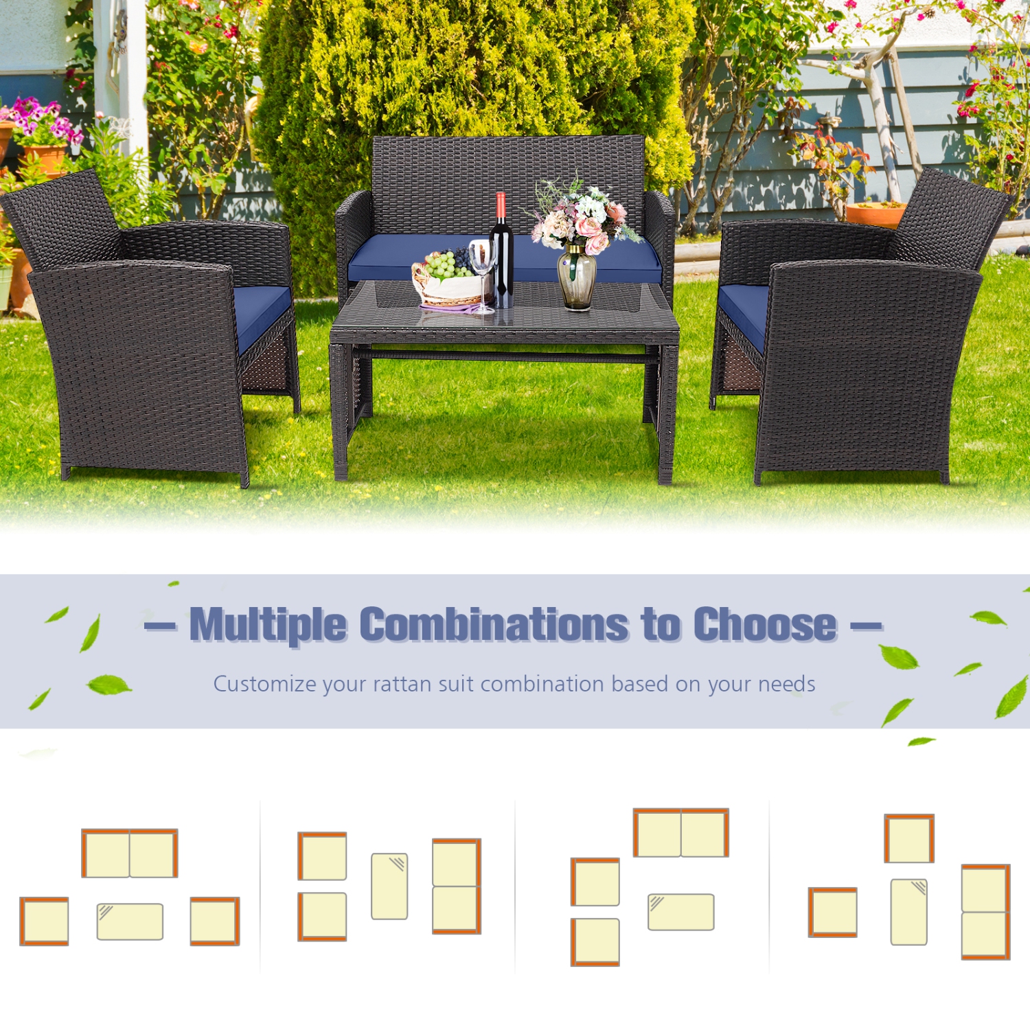 Gymax 8PCS Patio Conversation Set Outdoor Rattan Furniture Set w/ Navy Cushions