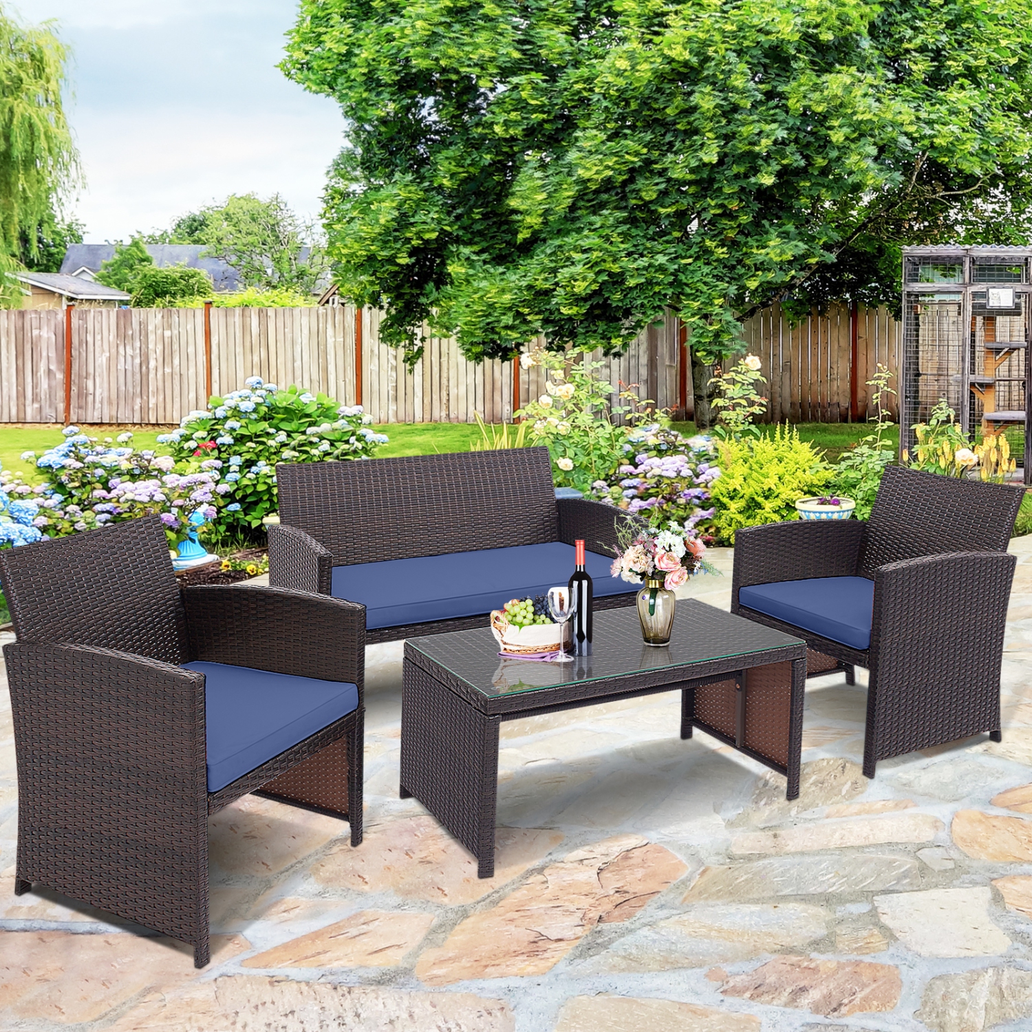Gymax 8PCS Patio Conversation Set Outdoor Rattan Furniture Set w/ Navy Cushions