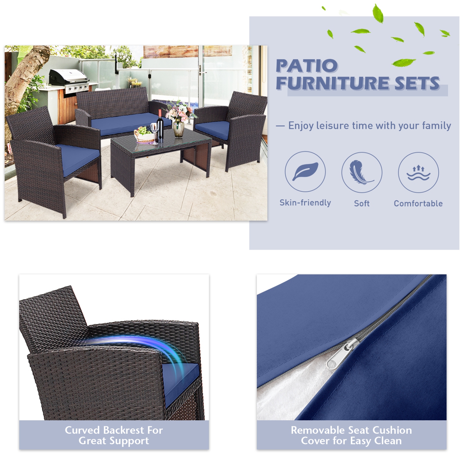 Gymax 8PCS Patio Conversation Set Outdoor Rattan Furniture Set w/ Navy Cushions