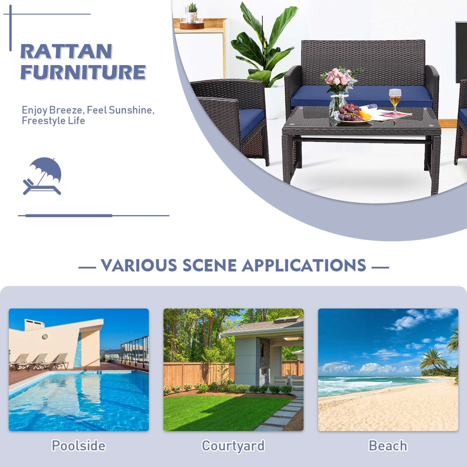 Gymax 8PCS Patio Conversation Set Outdoor Rattan Furniture Set w/ Navy Cushions