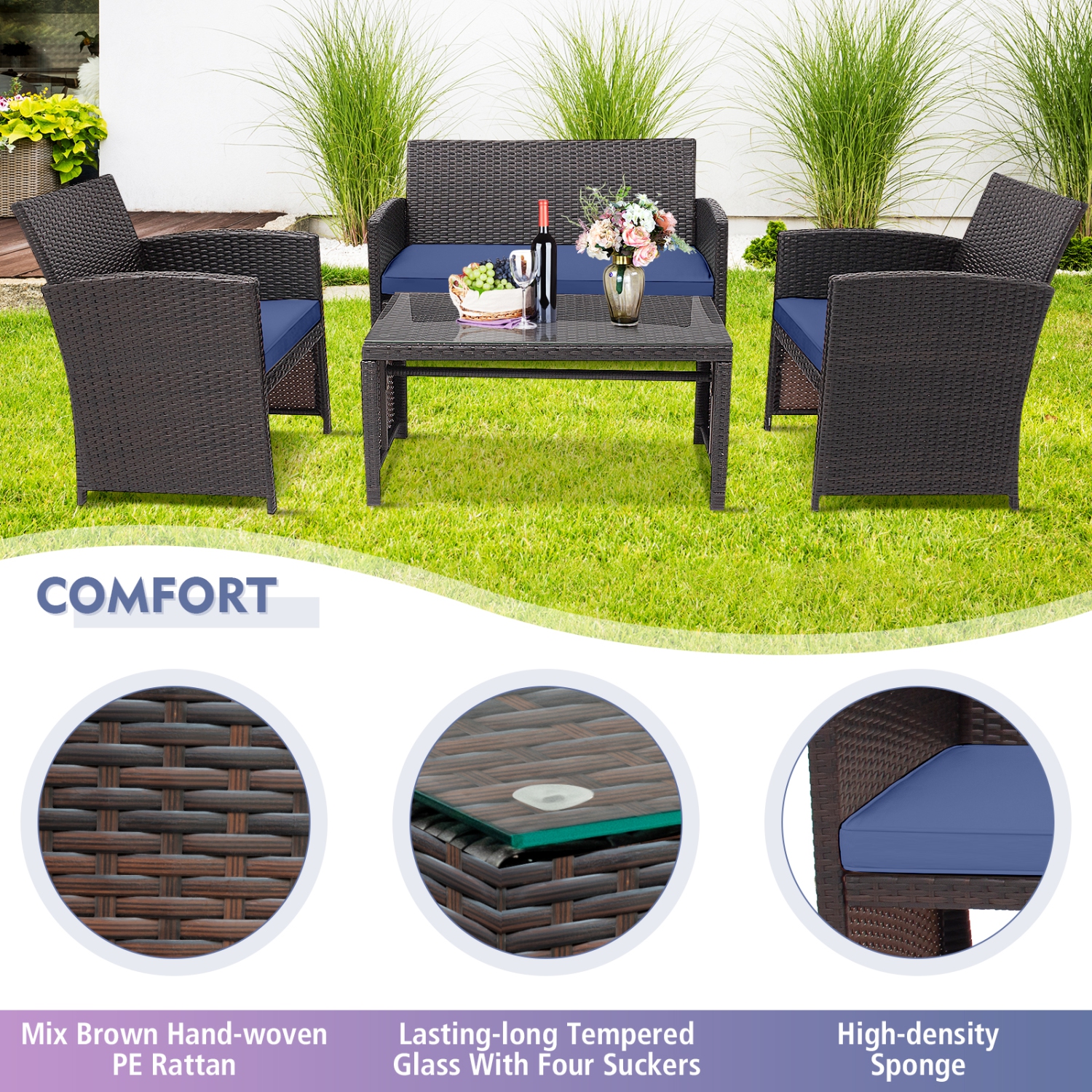 Gymax 8PCS Patio Conversation Set Outdoor Rattan Furniture Set w/ Navy Cushions