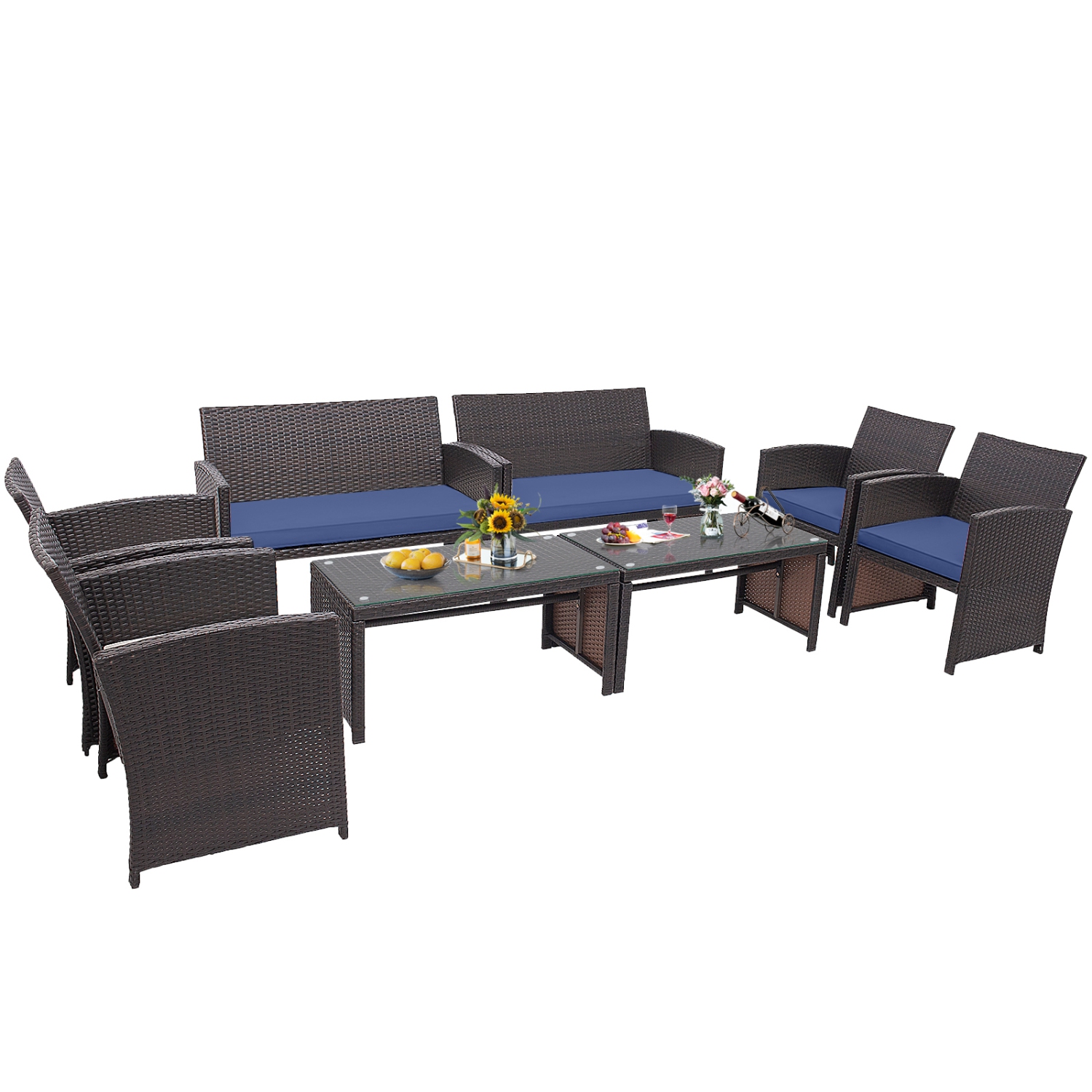Gymax 8PCS Patio Conversation Set Outdoor Rattan Furniture Set w/ Navy Cushions