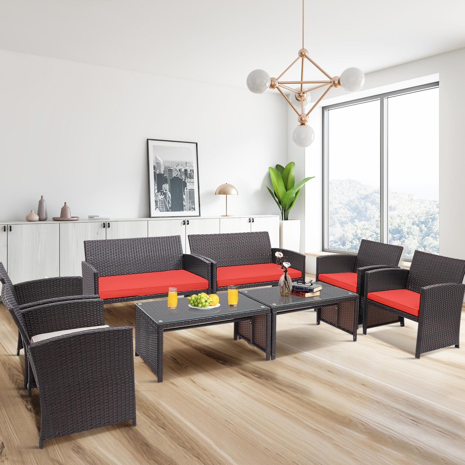 Gymax 8PCS Patio Conversation Set Outdoor Rattan Furniture Set w/ Red Cushions