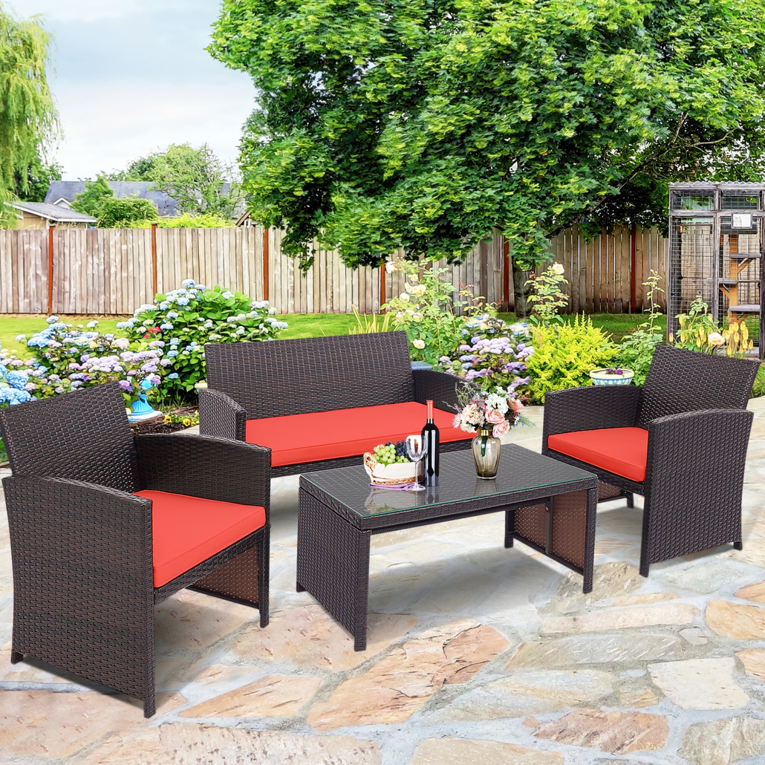 Gymax 8PCS Patio Conversation Set Outdoor Rattan Furniture Set w/ Red Cushions
