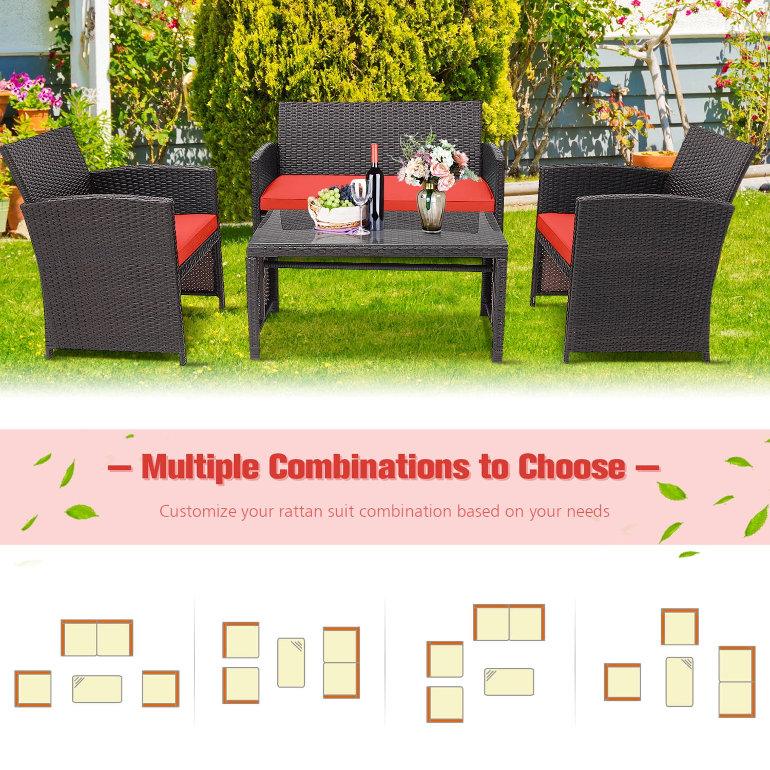 Gymax 8PCS Patio Conversation Set Outdoor Rattan Furniture Set w/ Red Cushions