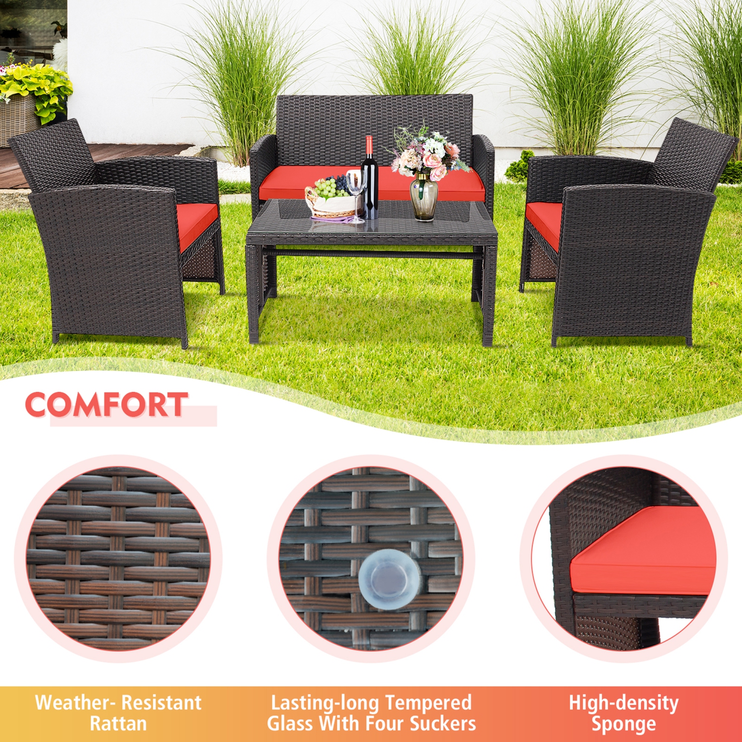 Gymax 8PCS Patio Conversation Set Outdoor Rattan Furniture Set w/ Red Cushions