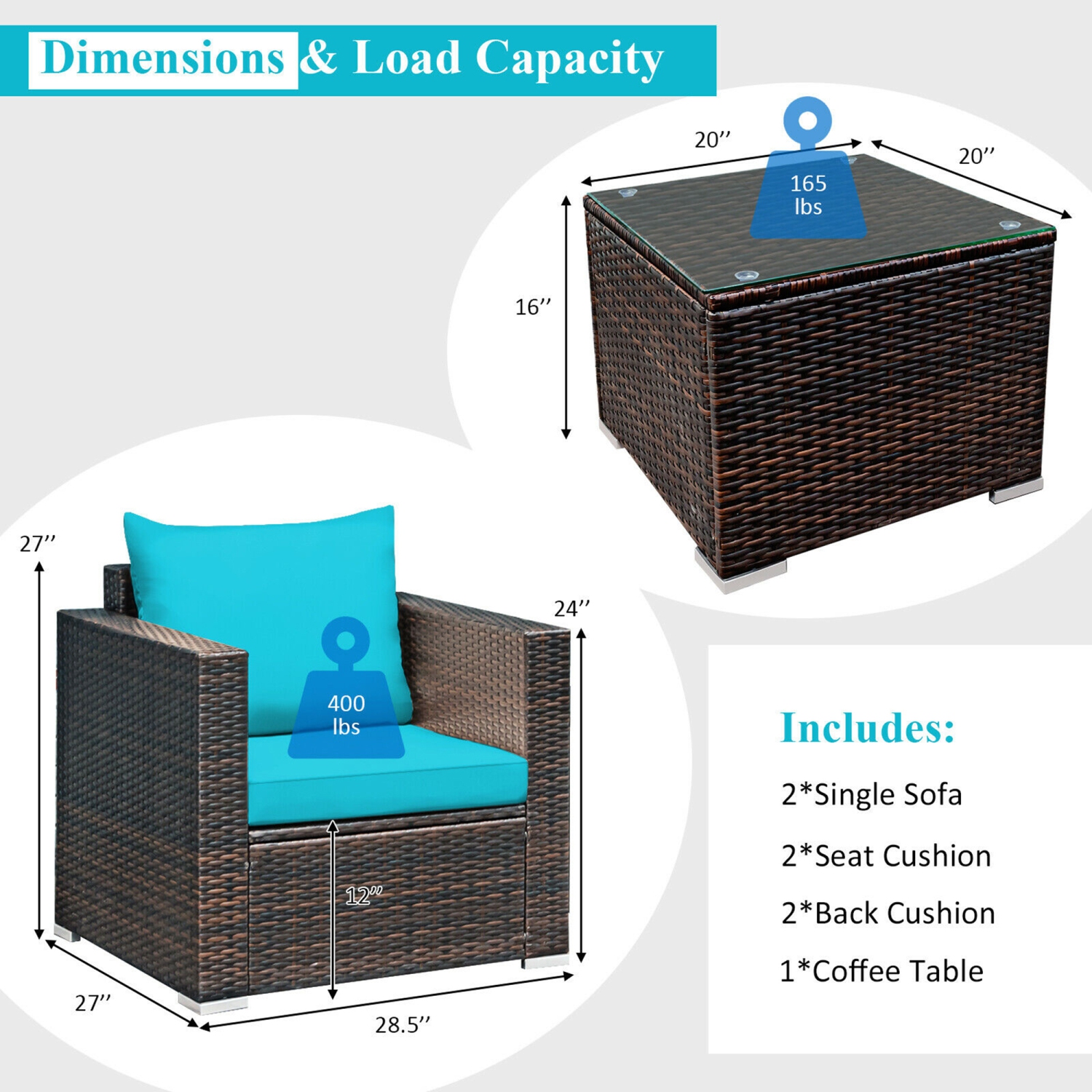 Ensemble de meubles de patio de 3 pièces en rotin Gymax avec coussins turquoise