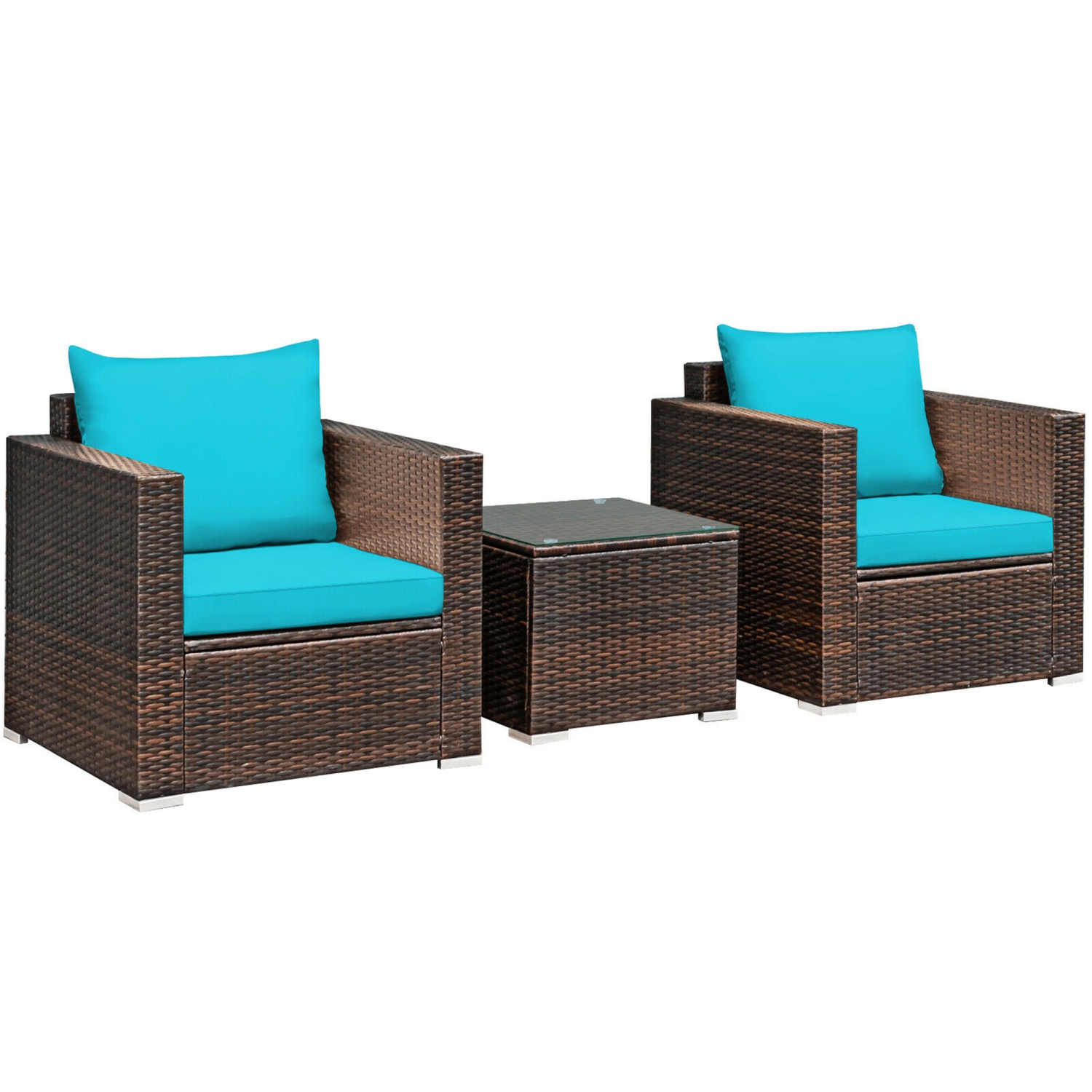 Ensemble de meubles de patio de 3 pièces en rotin Gymax avec coussins turquoise