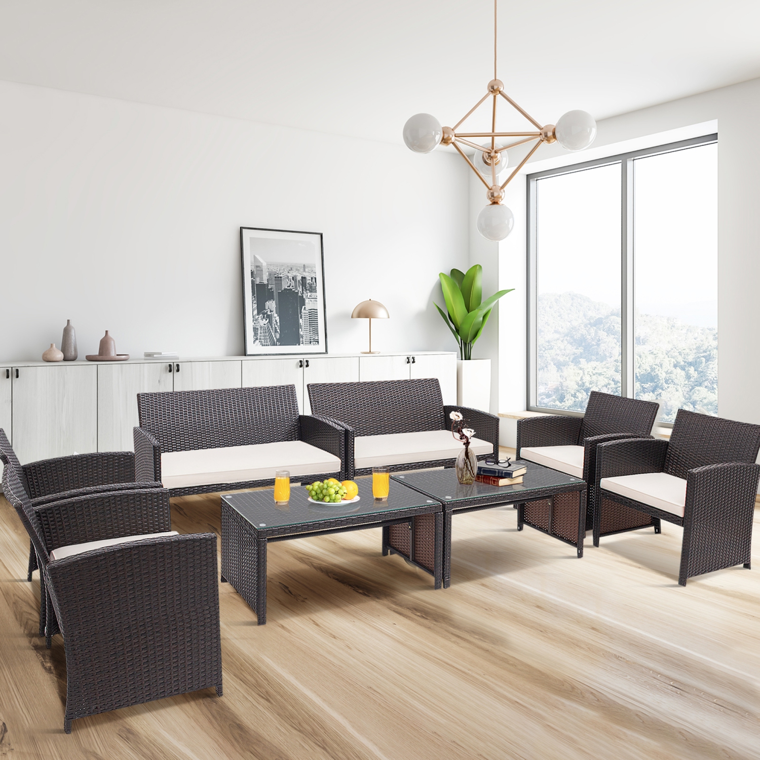 Gymax 8PCS Patio Conversation Set Outdoor Rattan Furniture Set w/ White Cushions