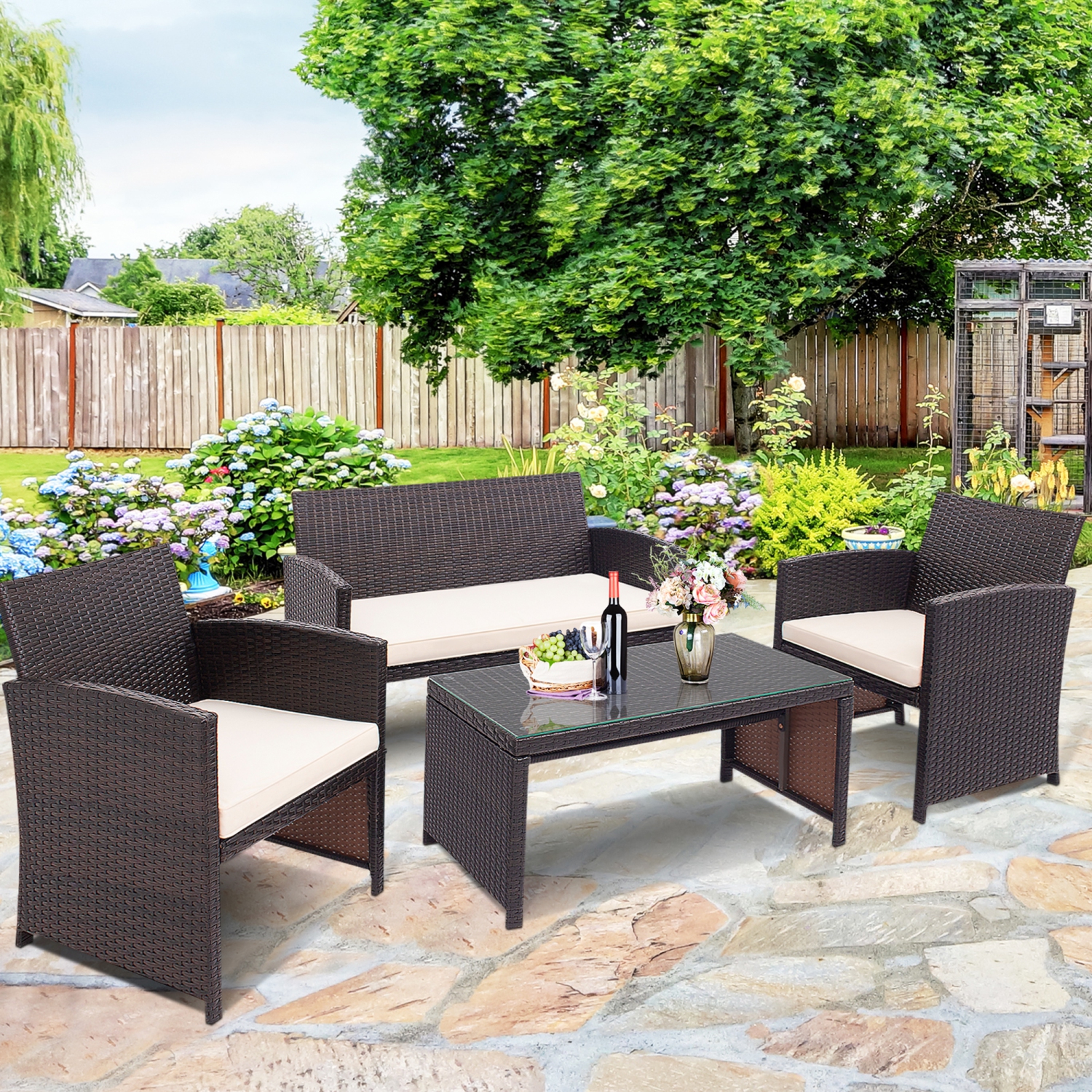 Gymax 8PCS Patio Conversation Set Outdoor Rattan Furniture Set w/ White Cushions