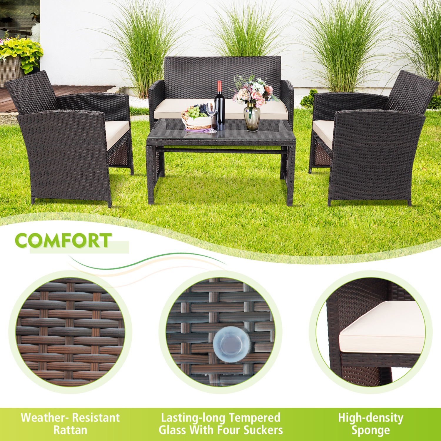 Gymax 8PCS Patio Conversation Set Outdoor Rattan Furniture Set w/ White Cushions