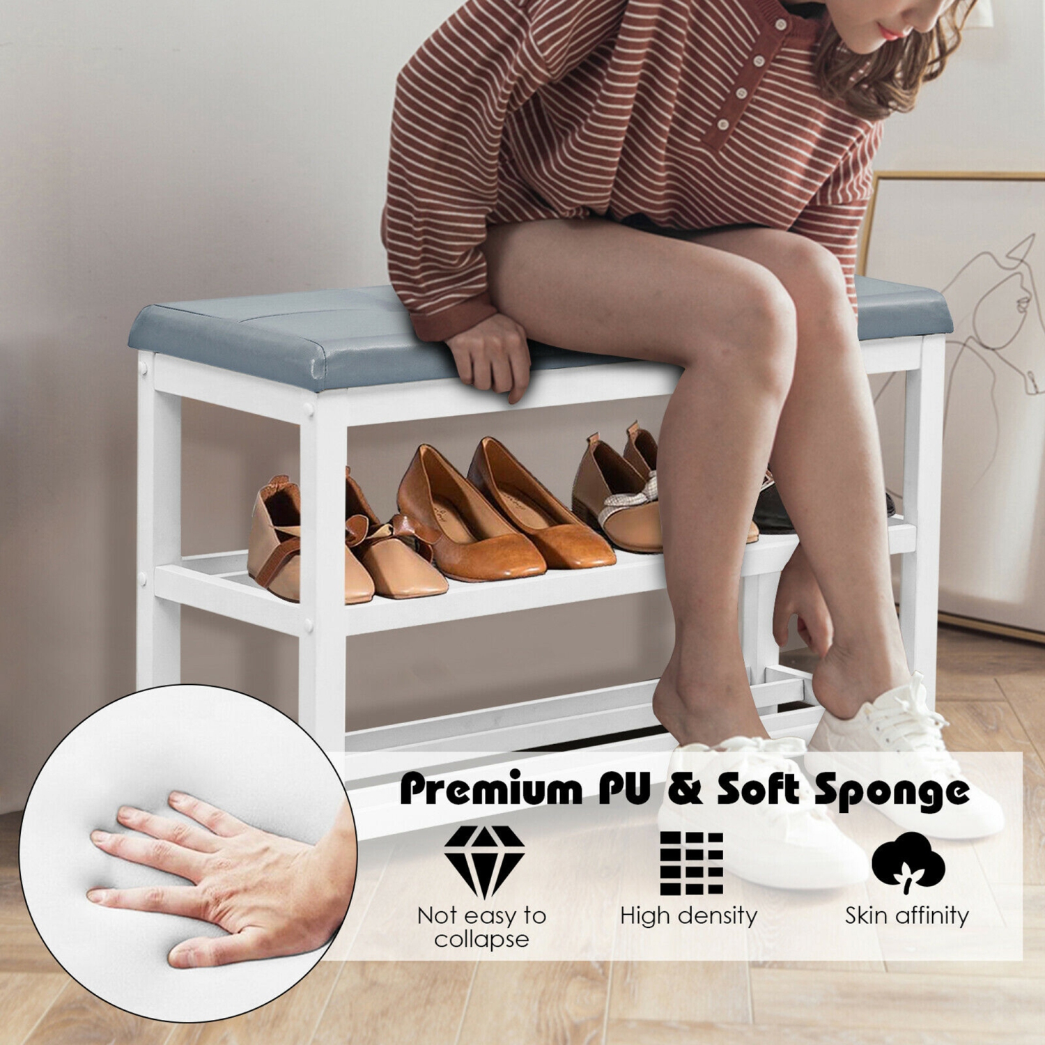 Gymax 2-Tier Wooden Shoe Rack Bench w/Padded Seat for Entryway Bedroom