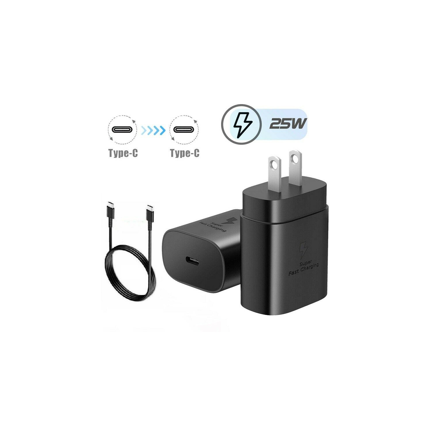 LIPTO - 25W Samsung USB-C 3.0A Fast Charging Wall Charger Adapter + 1m Type-C Cable for Galaxy S9 S10 S20 Note 9 10 Plus, Black