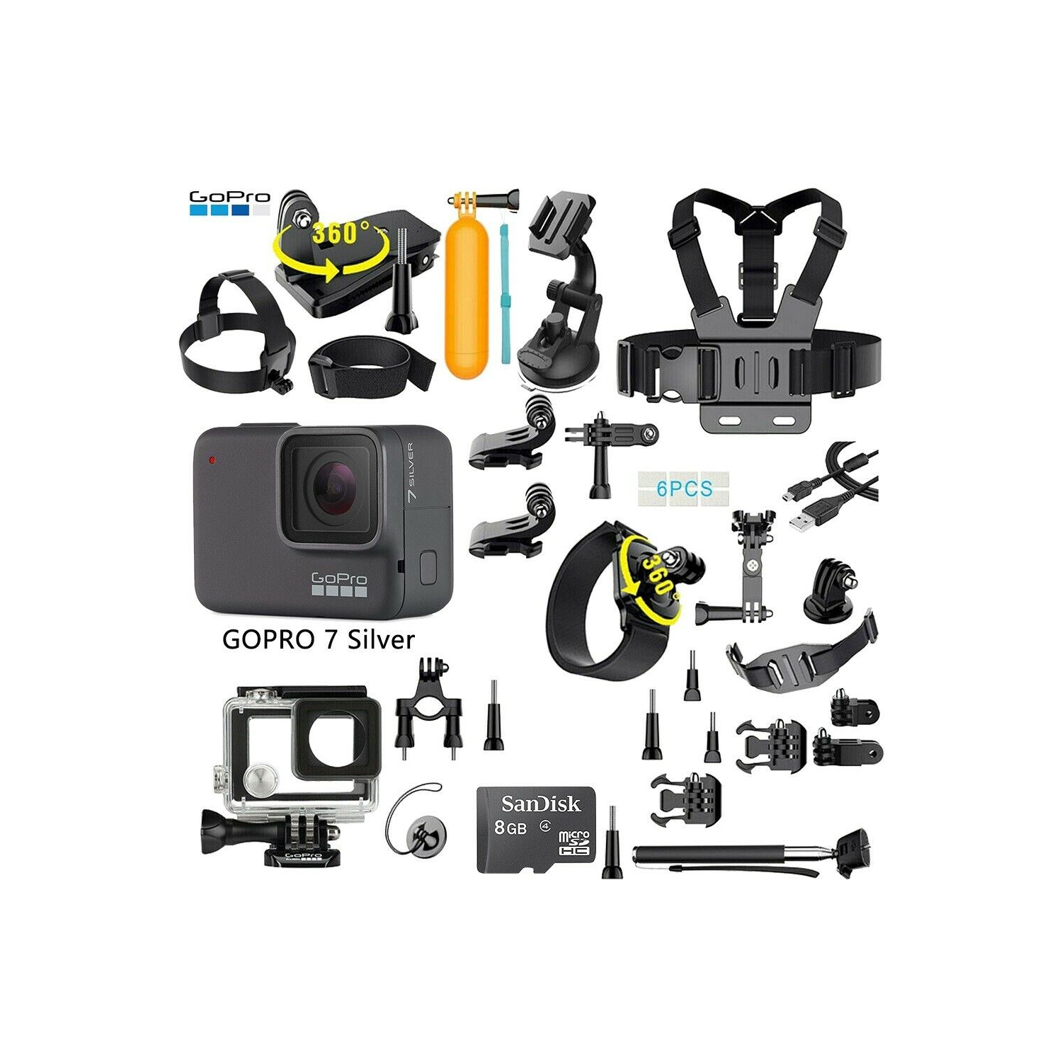 GoPro HERO7 Silver Waterproof Digital Action Camera with Touch Screen + 35-In-1 Action Camera Accessory Kit, Refurbished