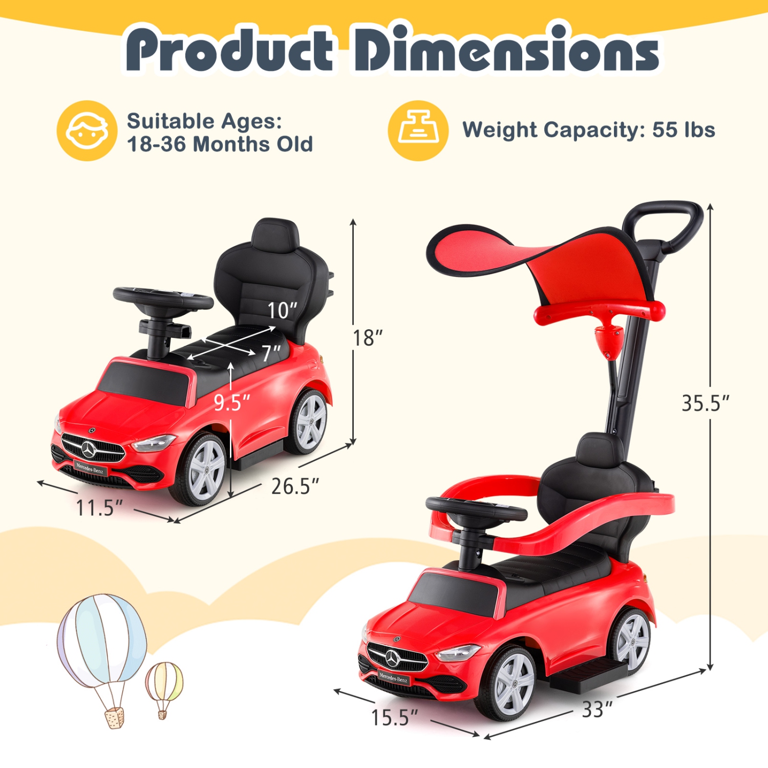 Costway 3 in 1 Ride on Push Car Mercedes Benz Toddler Stroller Sliding Car