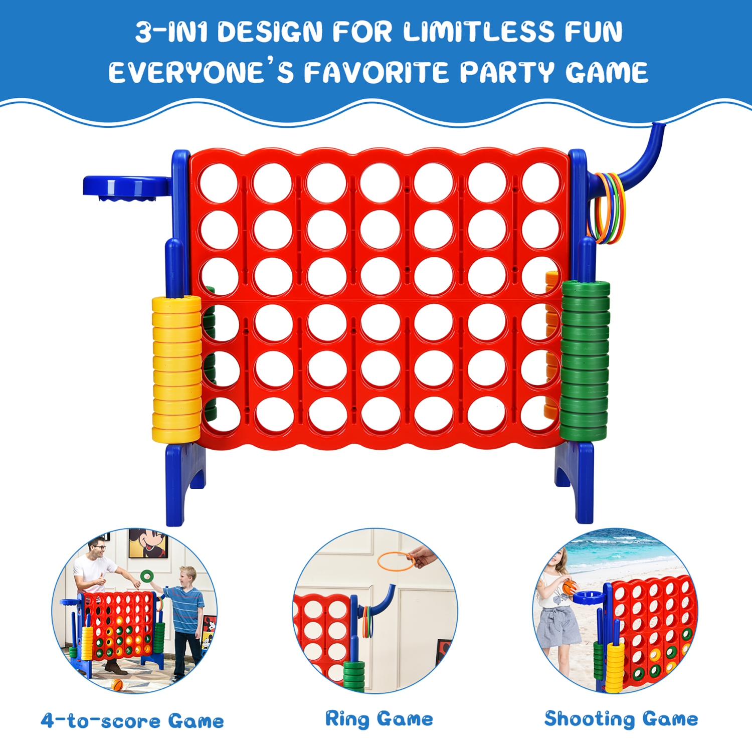 Costway 4-in-A Row Giant Game Set w/Basketball Hoop for Kids & Adults