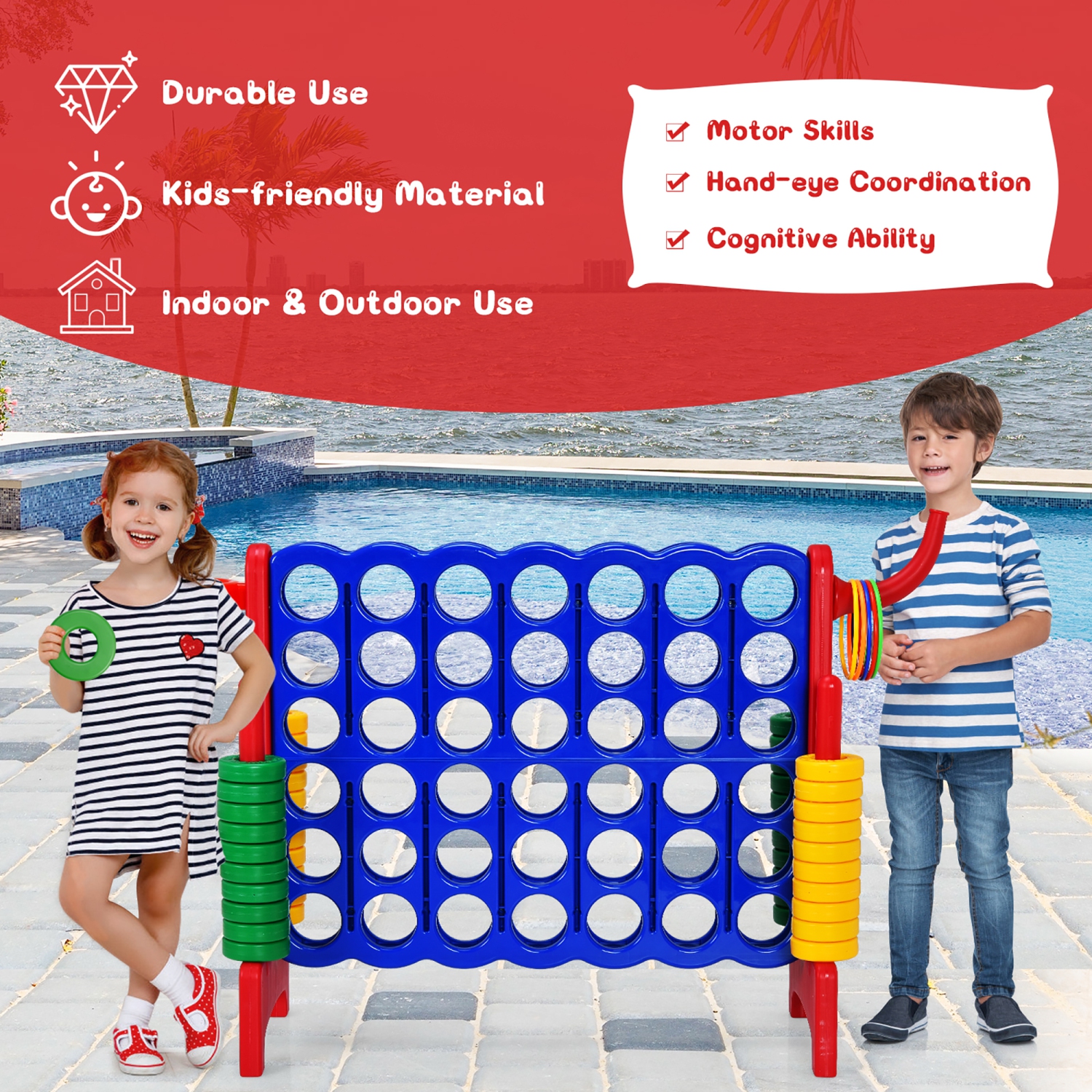 Costway 4-in-A Row Giant Game Set w/Basketball Hoop for Kids & Adults