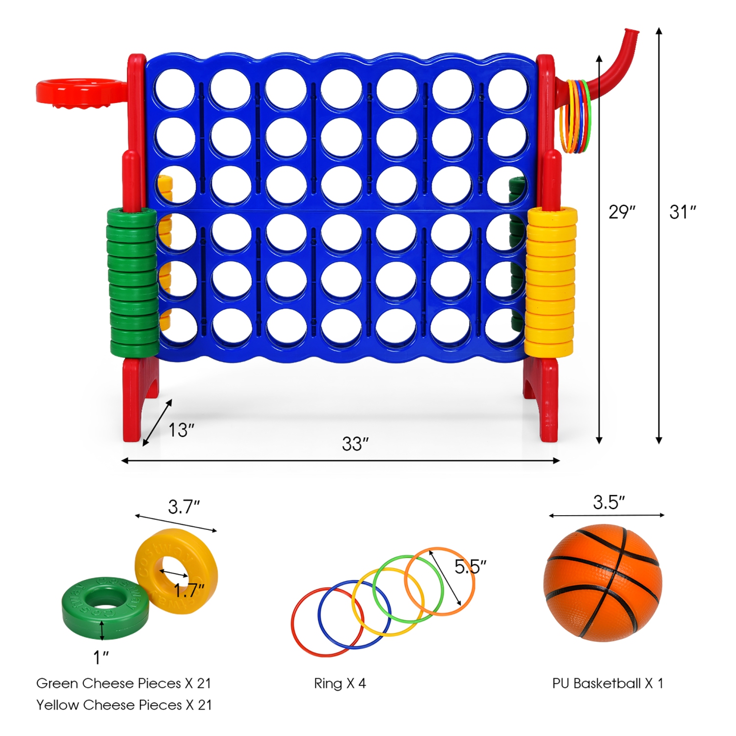 Costway 4-in-A Row Giant Game Set w/Basketball Hoop for Kids & Adults