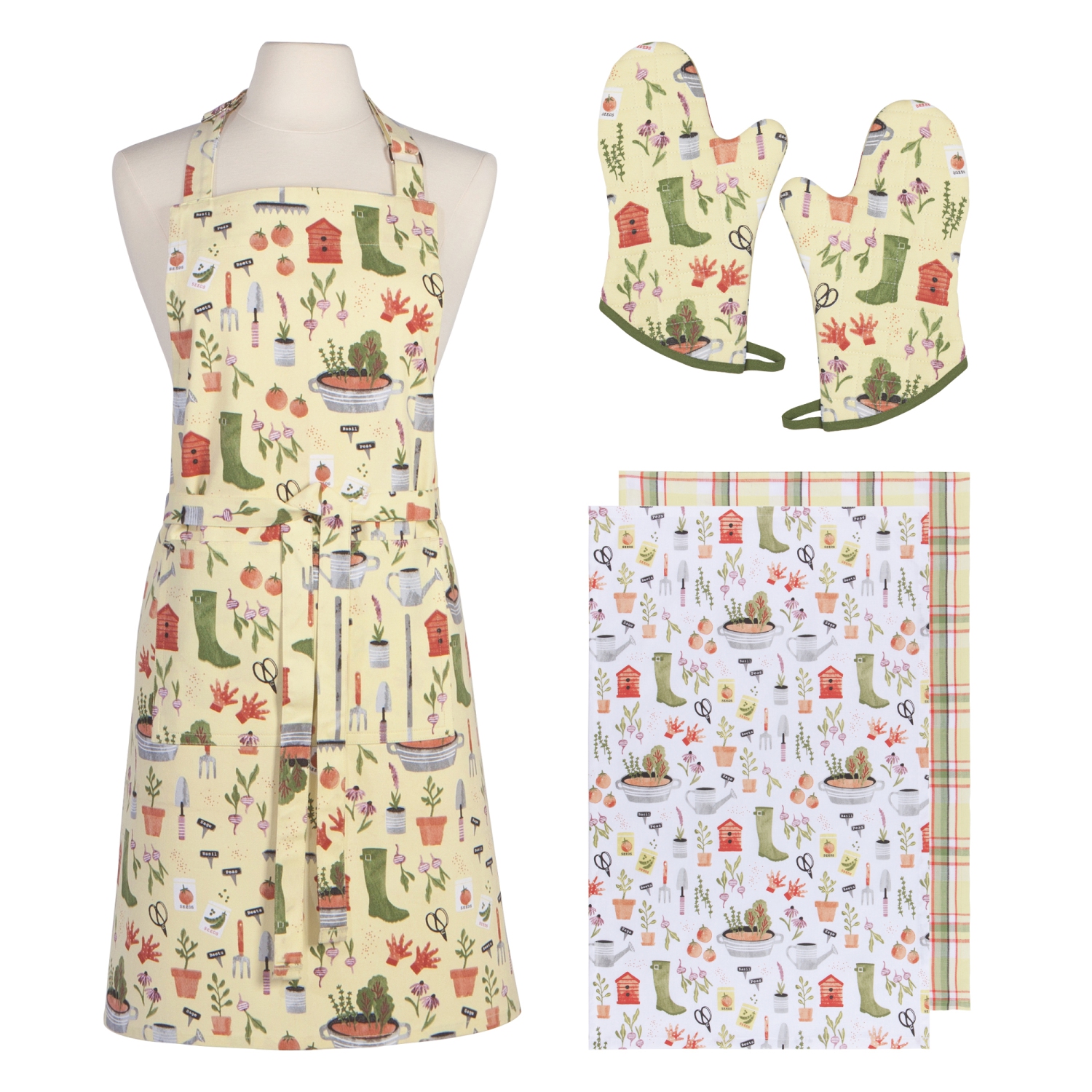 Everyday Kitchen 5 Piece Apron Mitts and Dishtowels Set, Garden