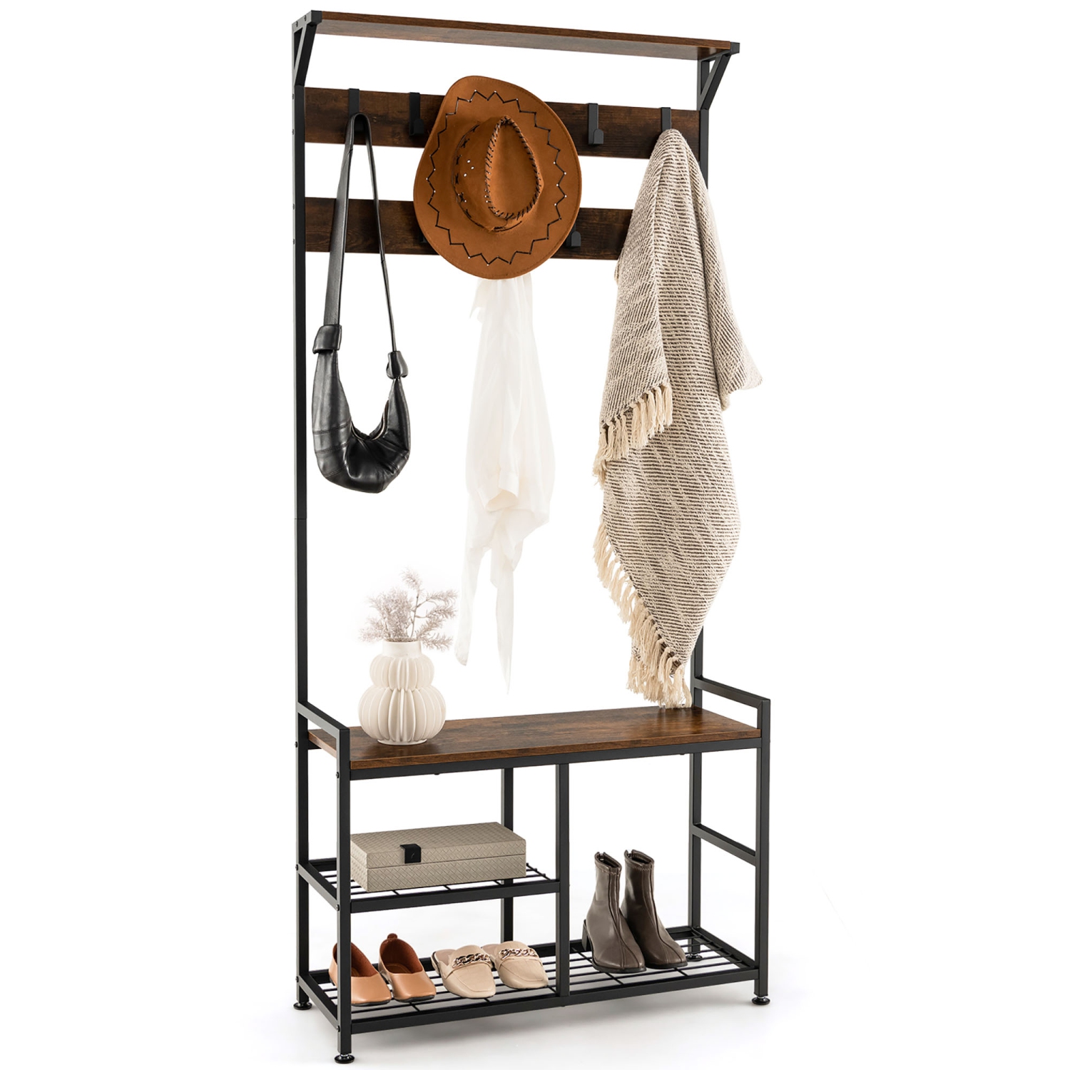 Banc de rangement pour manteaux 4-en-1 avec tablette supérieure et 9 crochets amovibles Gymax pour entrée autonome de 72 po