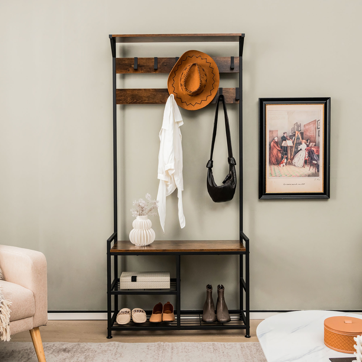 Banc de rangement pour manteaux 4-en-1 avec tablette supérieure et 9 crochets amovibles Gymax pour entrée autonome de 72 po