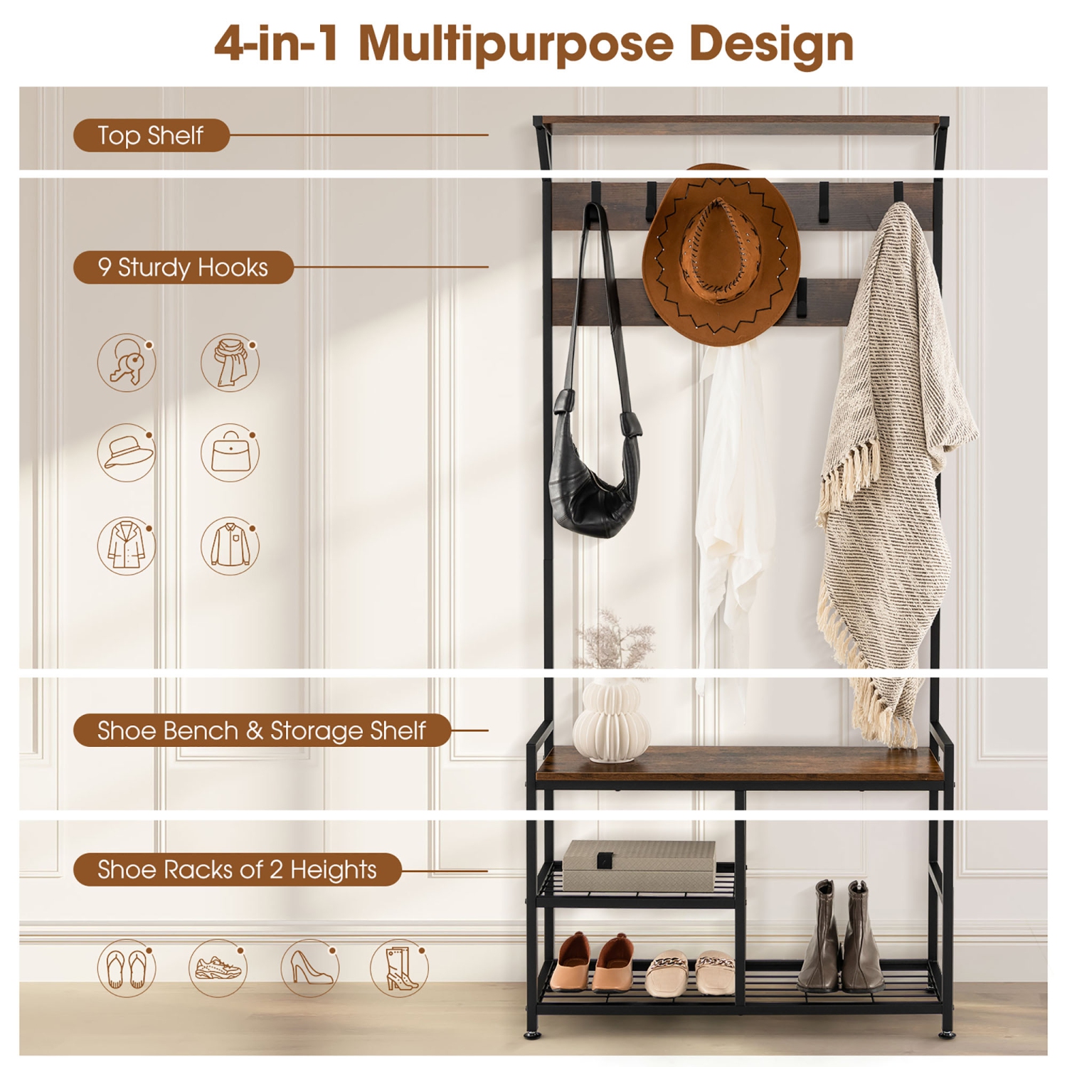 Banc de rangement pour manteaux 4-en-1 avec tablette supérieure et 9 crochets amovibles Gymax pour entrée autonome de 72 po