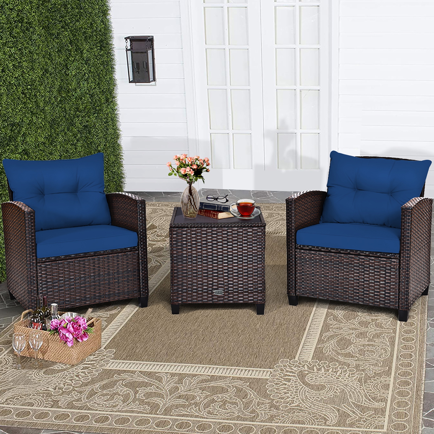 Costway 3PCS Patio Rattan Furniture Set Cushioned Conversation Set Sofa