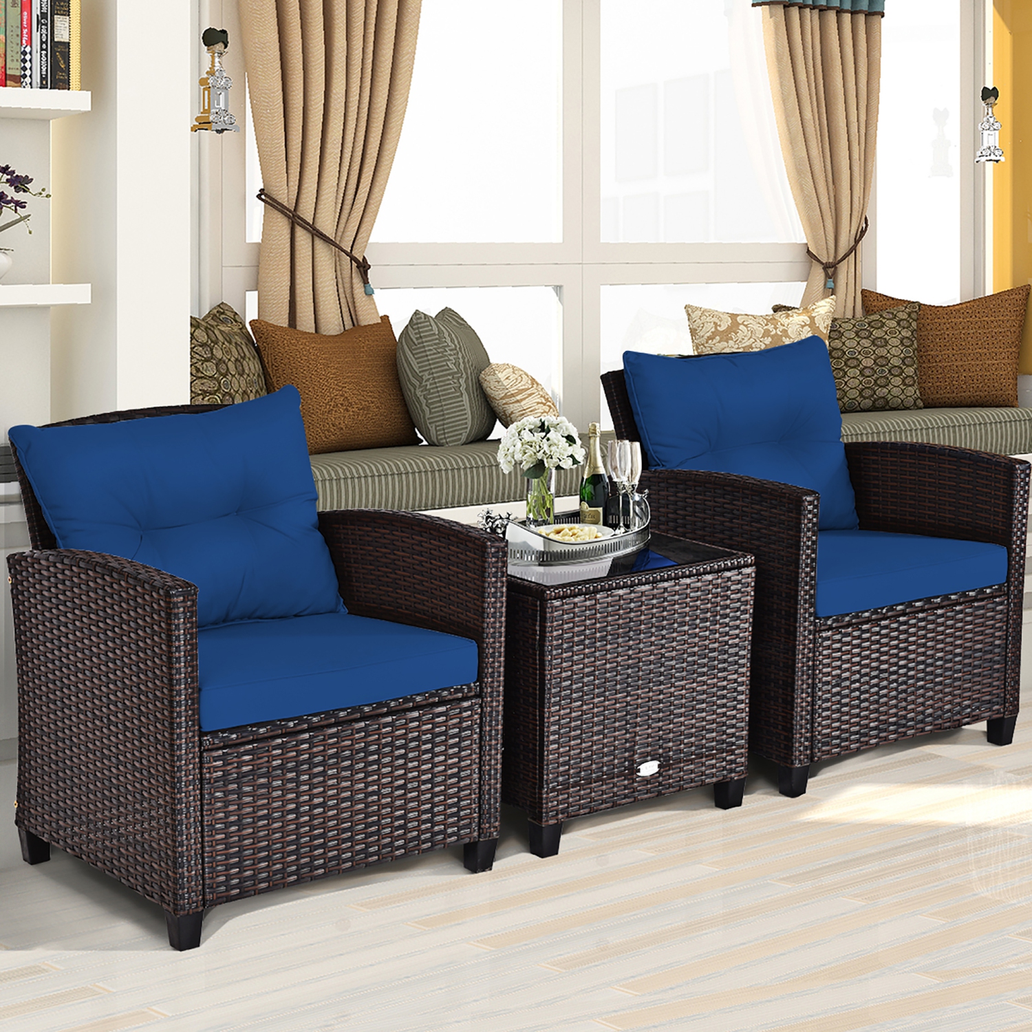 Costway 3PCS Patio Rattan Furniture Set Cushioned Conversation Set Sofa