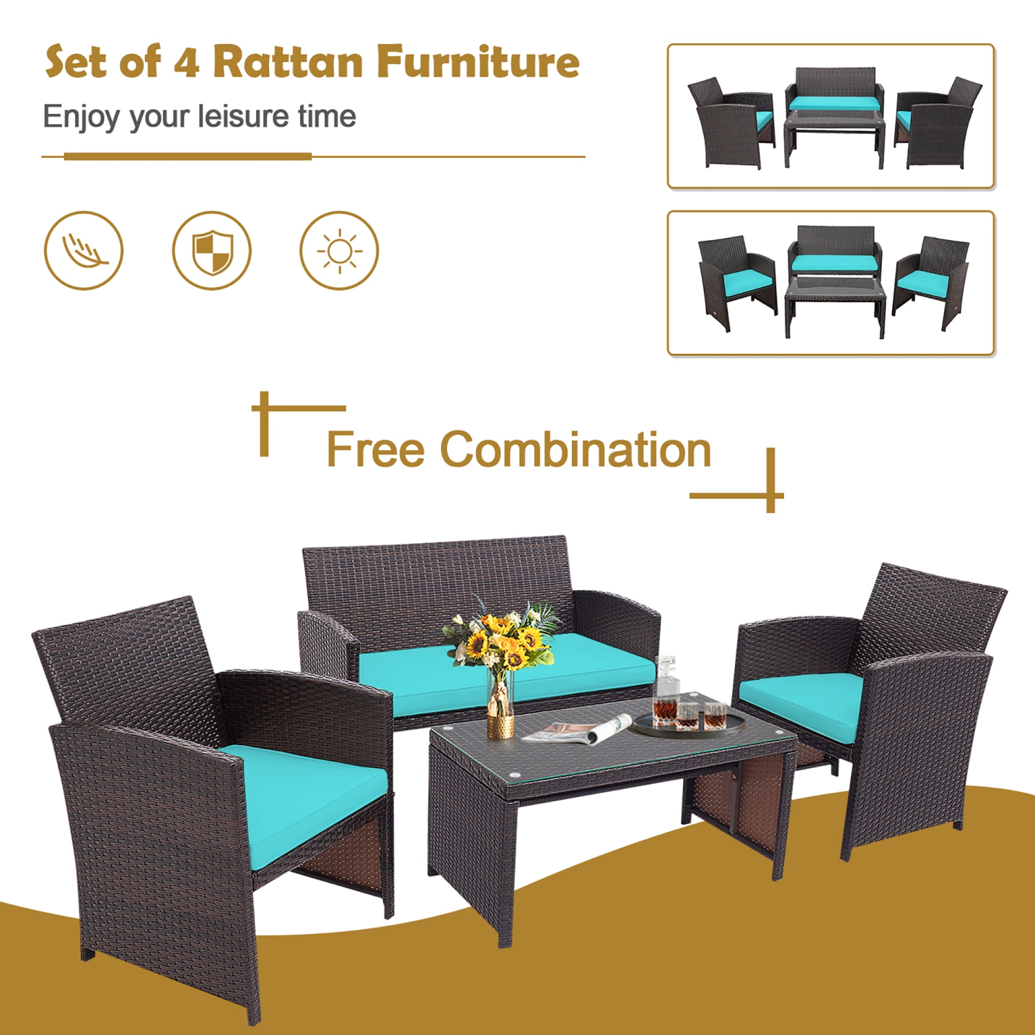 Costway 4PCS Patio Rattan Furniture Set Cushioned Chair Sofa Coffee Table