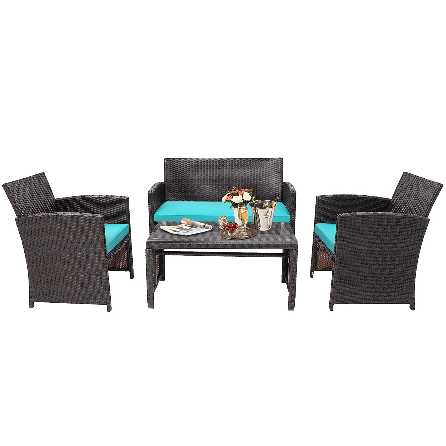 Costway 4PCS Patio Rattan Furniture Set Cushioned Chair Sofa Coffee Table