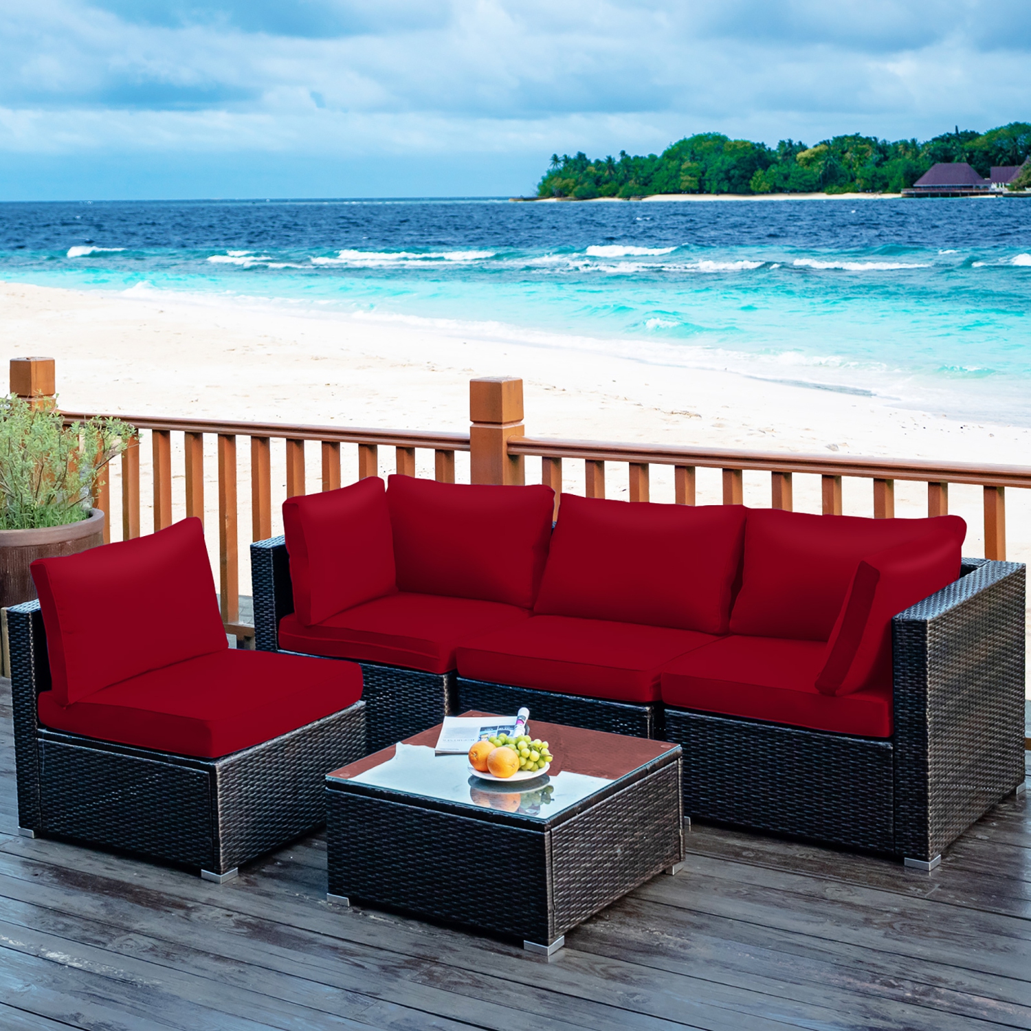 Costway 5PCS Patio Rattan Furniture Set Cushioned Sofa Chair Coffee Table