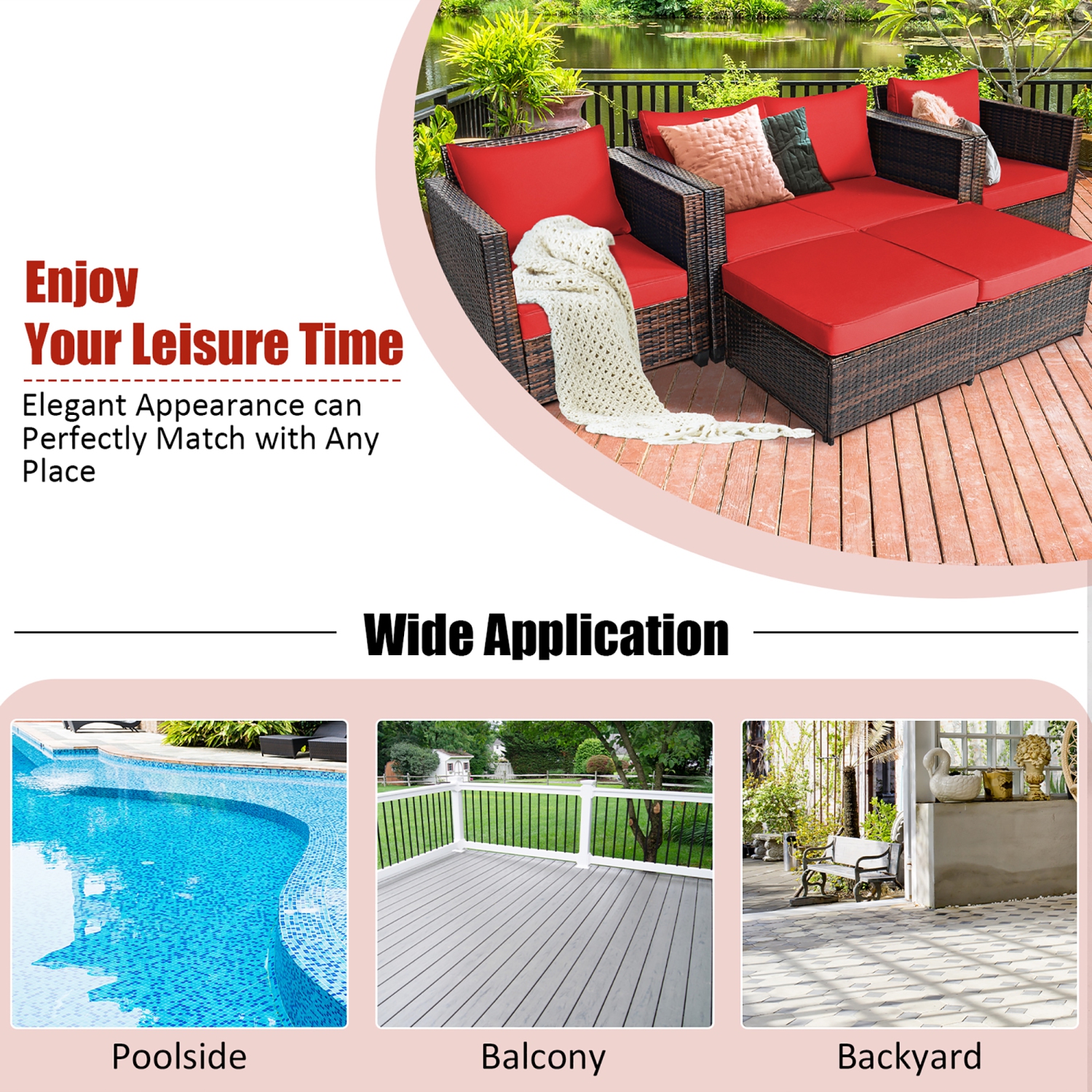 Costway 5PCS Patio Rattan Furniture Set Loveseat Sofa Ottoman Cushioned