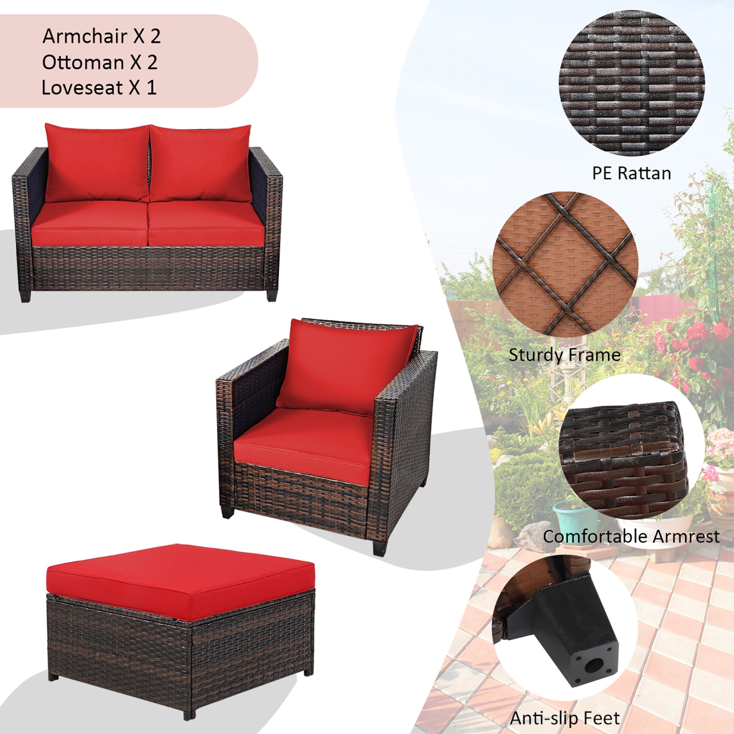 Costway 5PCS Patio Rattan Furniture Set Loveseat Sofa Ottoman Cushioned