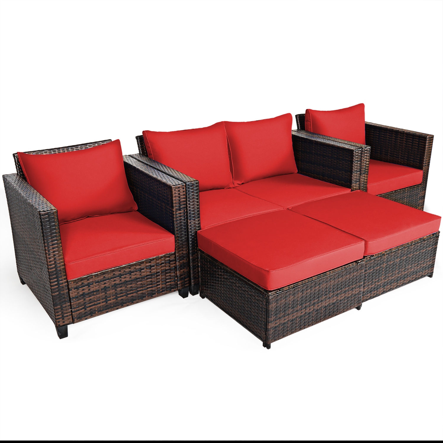Costway 5PCS Patio Rattan Furniture Set Loveseat Sofa Ottoman Cushioned