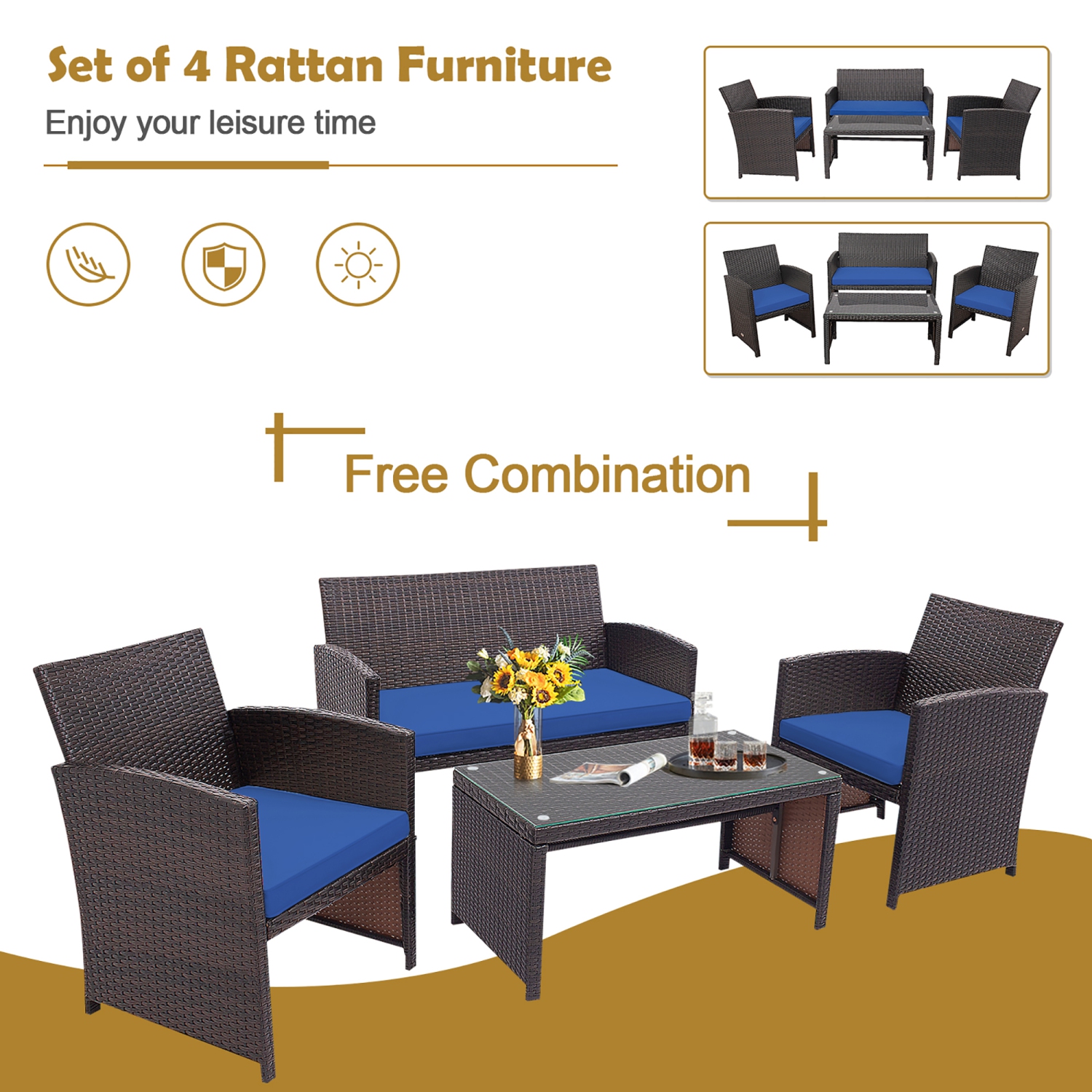 Costway 8PCS Patio Rattan Furniture Set Cushioned Chair Sofa Coffee Table