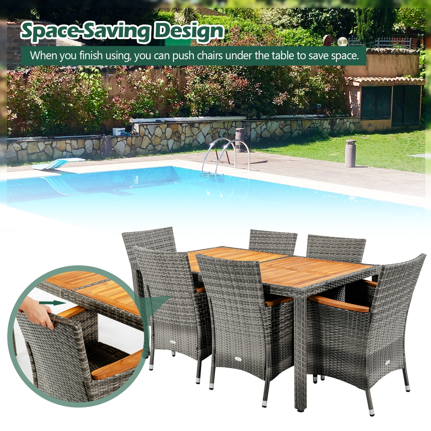 Ensemble patio de 7PCS pièces en rotin avec table en bois d'acacia et chaises coussinées de Costway - Gris
