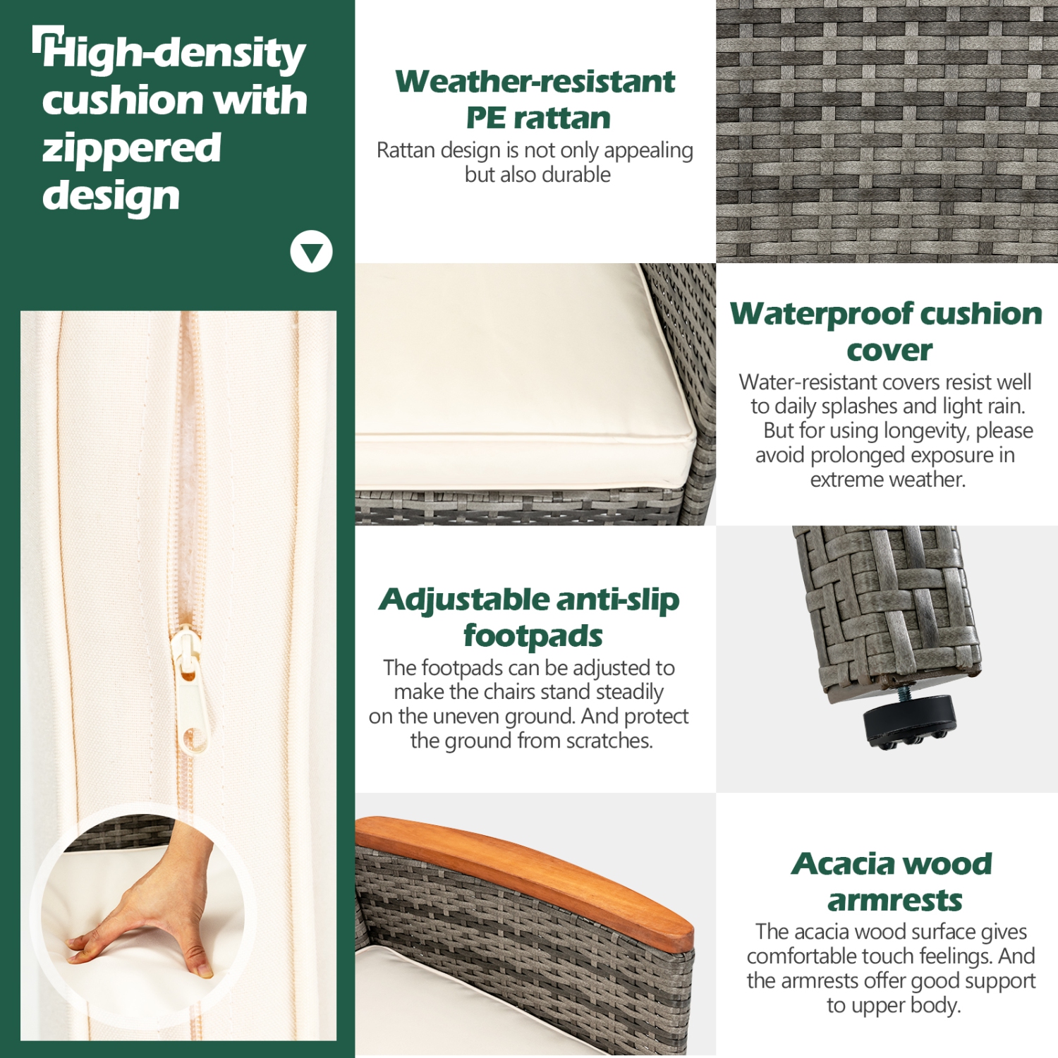 Ensemble patio de 7PCS pièces en rotin avec table en bois d'acacia et chaises coussinées de Costway - Gris