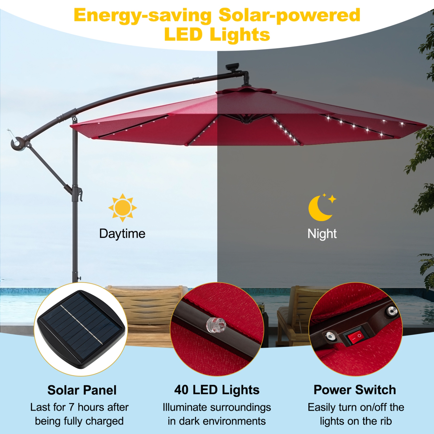 Costway 10 Ft Patio Solar LED Offset Umbrella 40 Lights Crank Cross Base