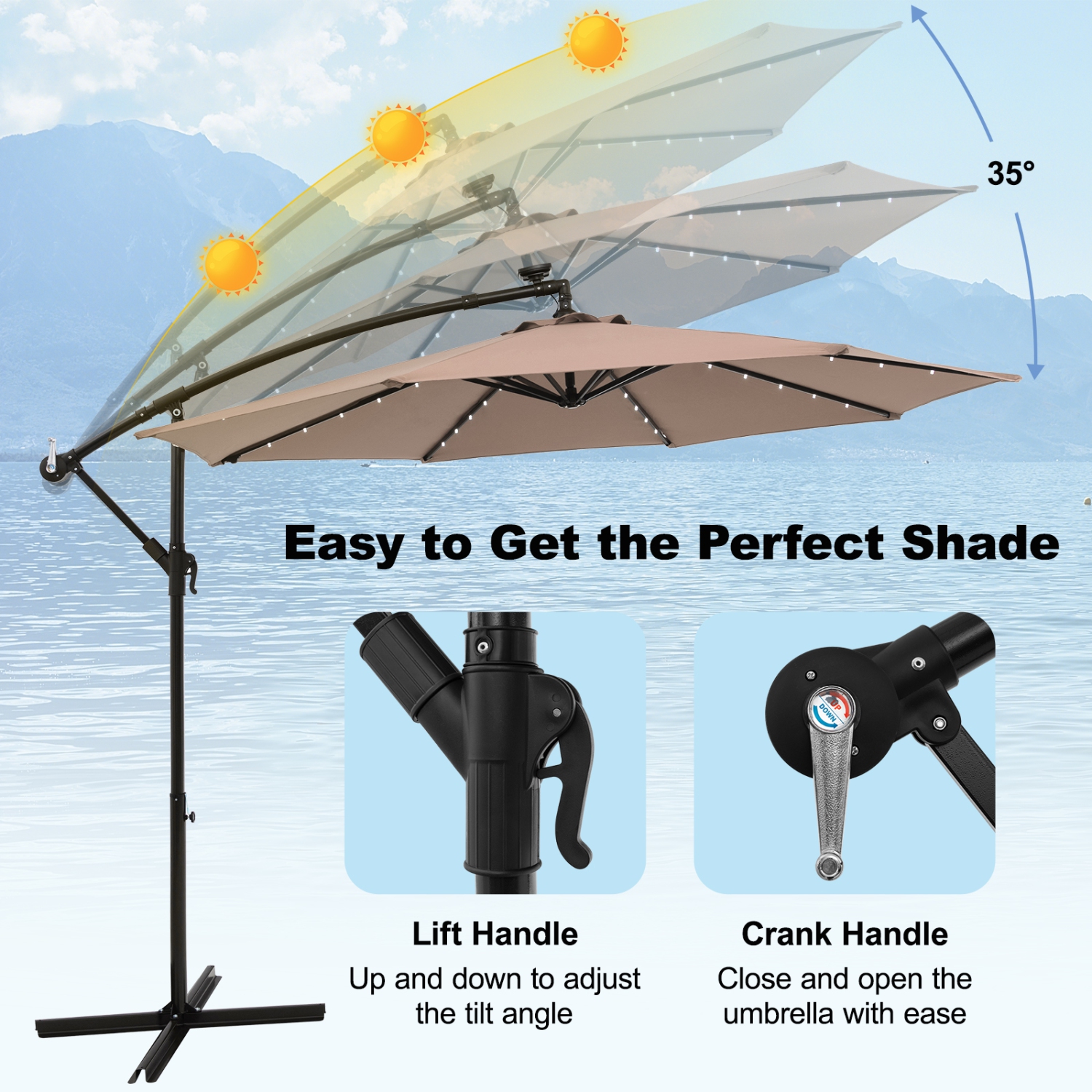 Costway 10 Ft Patio Solar LED Offset Umbrella 40 Lights Crank Cross Base