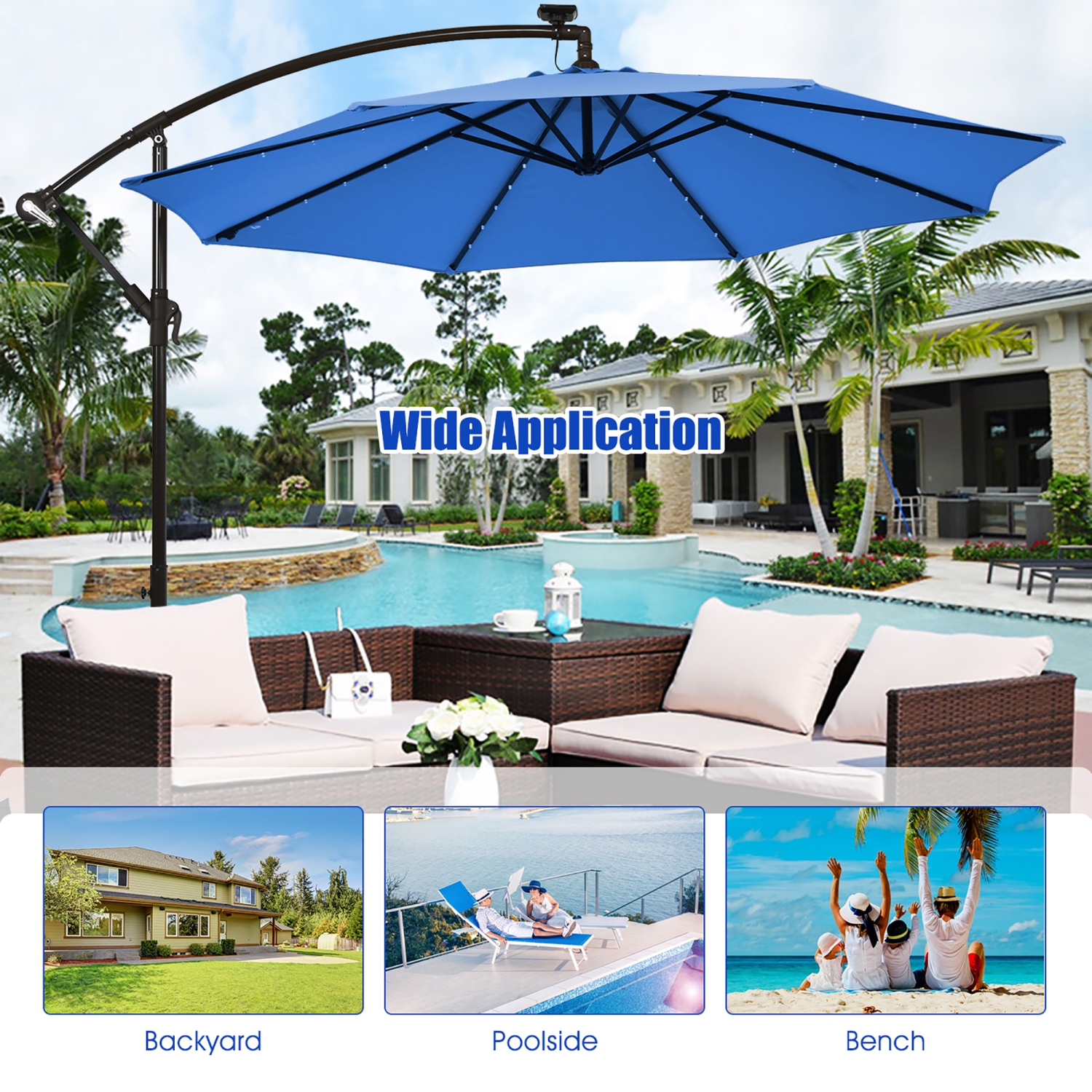 Costway 10 Ft Patio Solar LED Offset Umbrella 40 Lights Crank Cross Base