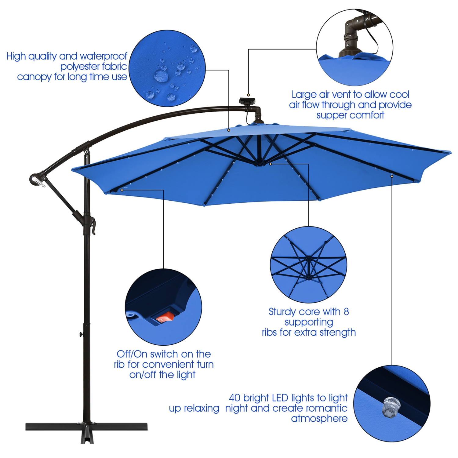 Costway 10 Ft Patio Solar LED Offset Umbrella 40 Lights Crank Cross Base