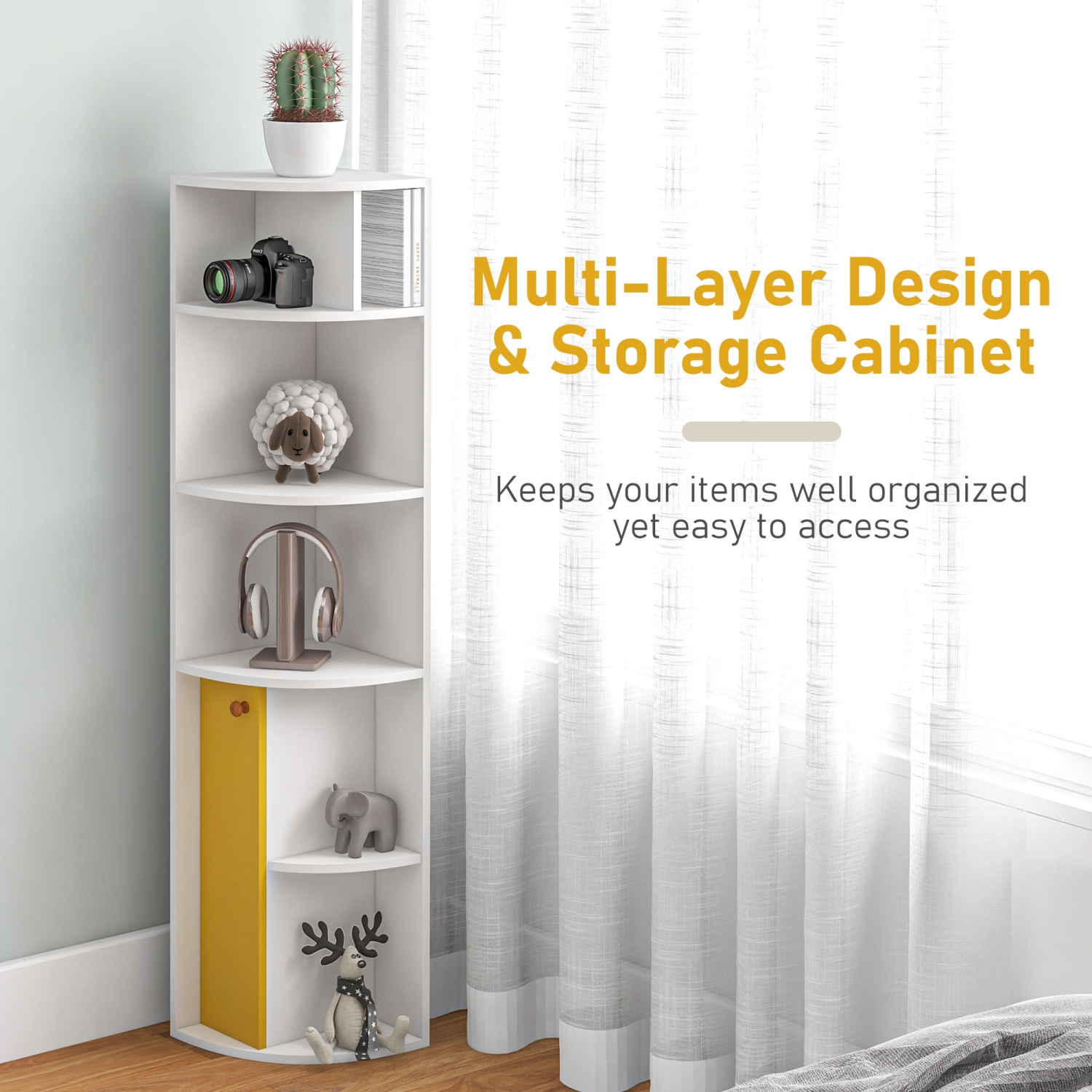 HOMCOM 5-Tier Corner Bookcase, Storage Bookshelf, Freestanding Display Shelves with Open Compartments and Cabinet for Home Office, Living Room,