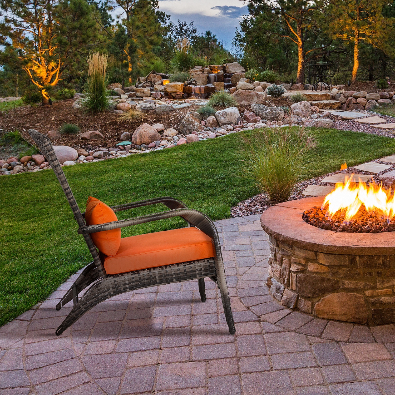 Outsunny Patio Wicker Adirondack Chair, Outdoor PE Rattan Fire Pit Chair, Muskoka Chair w/ Soft Cushions, Tall Curved Backrest and Comfortable