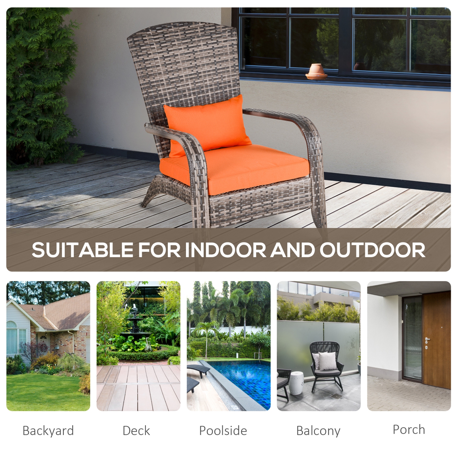 Outsunny Patio Wicker Adirondack Chair, Outdoor PE Rattan Fire Pit Chair, Muskoka Chair w/ Soft Cushions, Tall Curved Backrest and Comfortable