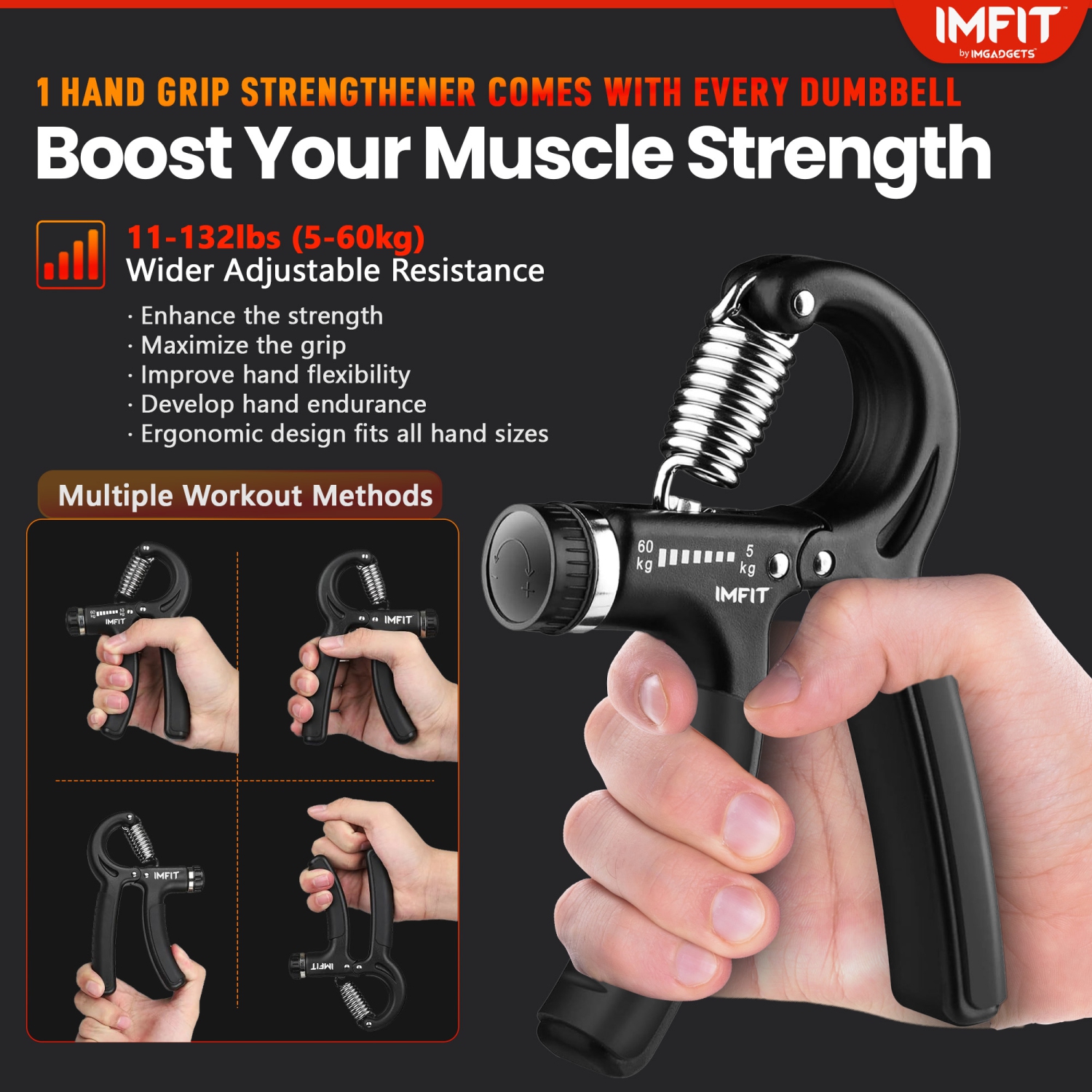 Haltère IMFit 5-52.5&nbsp;lb réglable | Équipement de mise en forme pour entraînement complet du corps, 15 poids | Conception compacte | 1 haltères