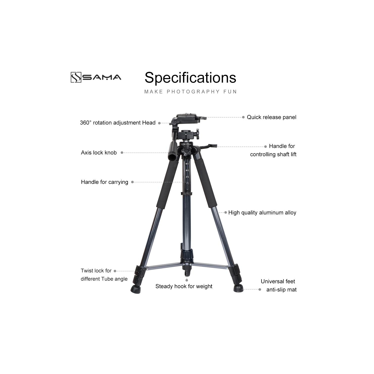 Trépied léger et compact de 61 po avec pattes ajustables de SAMA