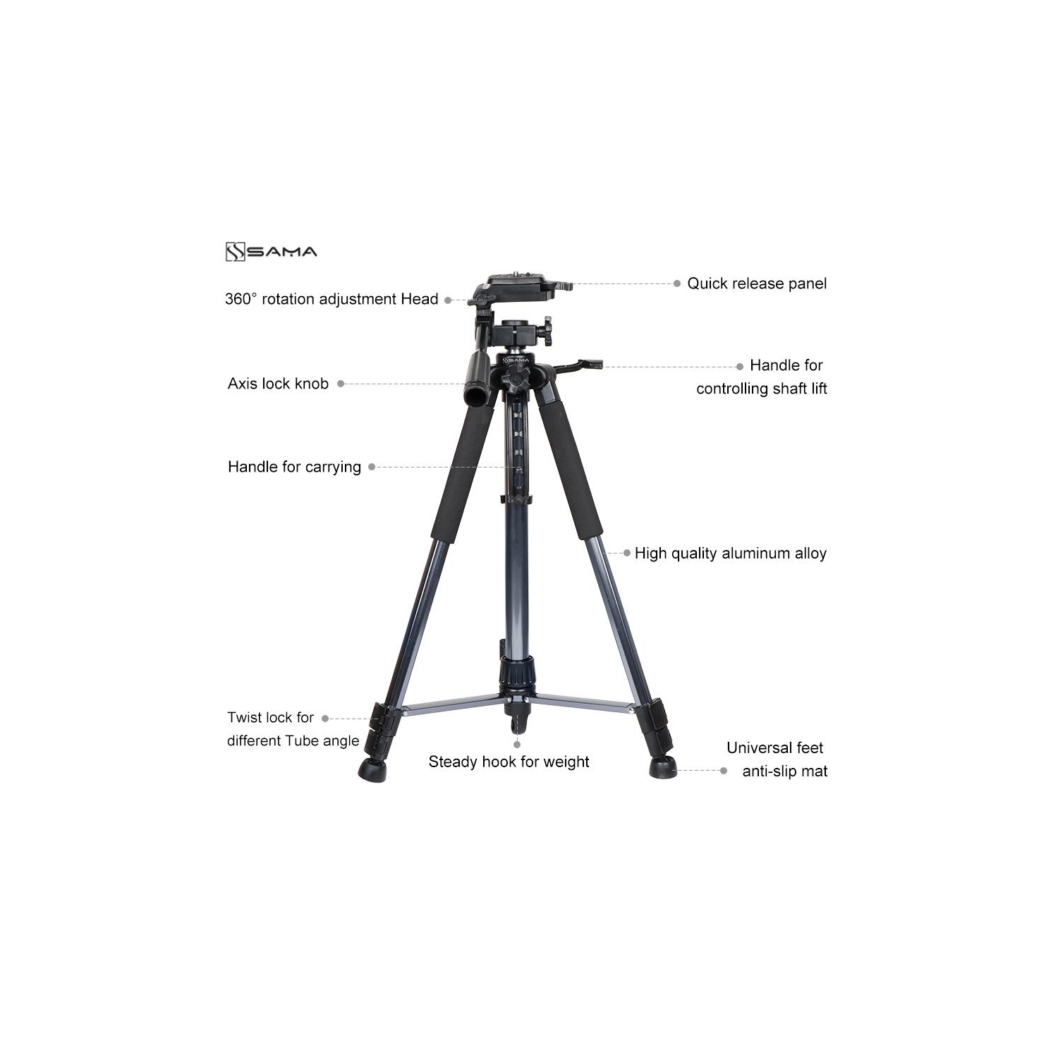 Trépied léger et compact de 61 po avec pattes ajustables de SAMA