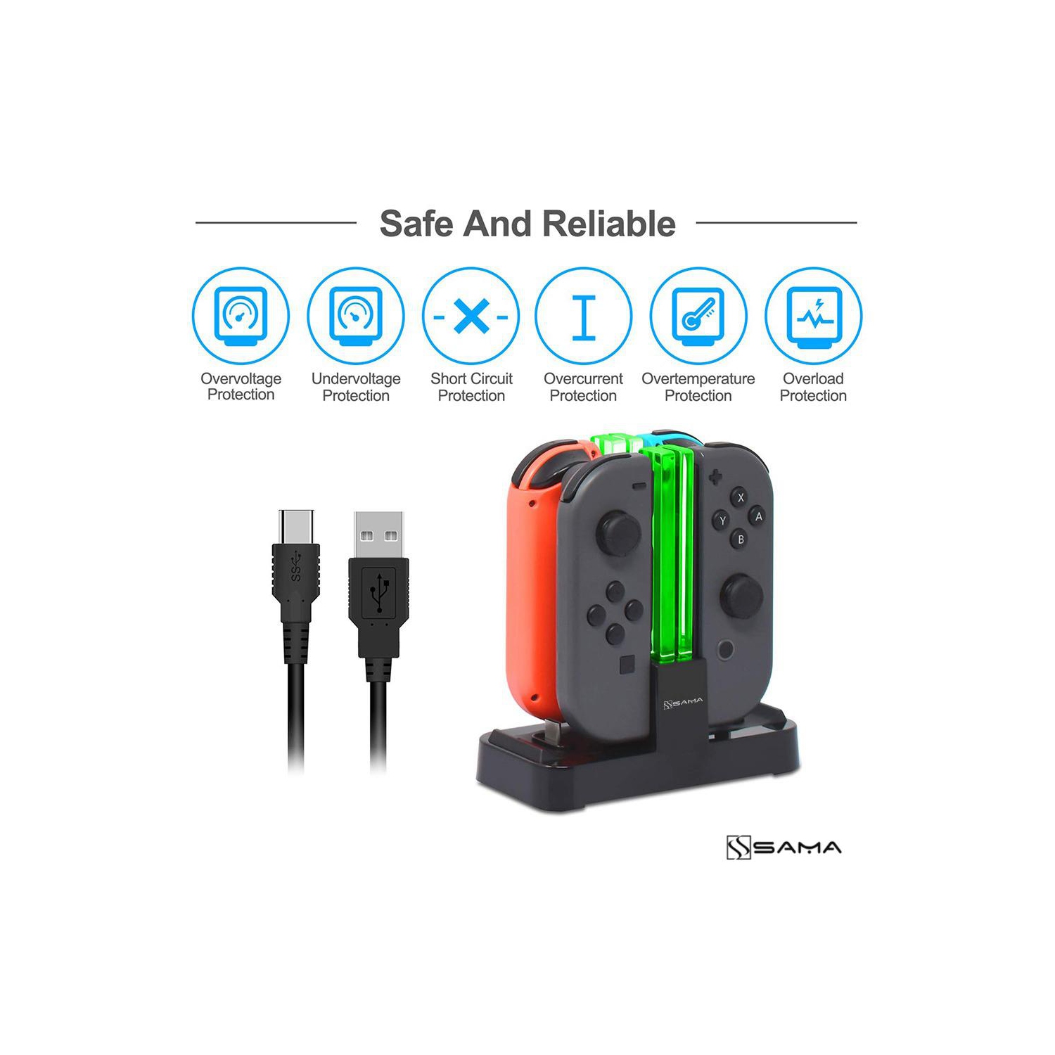 SAMA 4 In 1 LED Charging Stand Dock Station Charger Cradle For Nintendo Switch NS