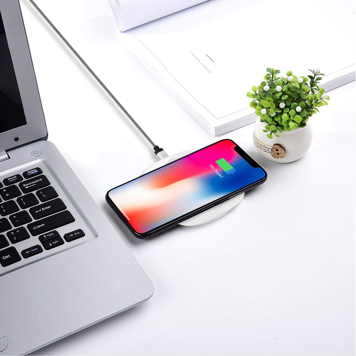 Tapis de recharge sans fil Qi de 10 W de LBT avec chargeur mural QC3 - Blanc