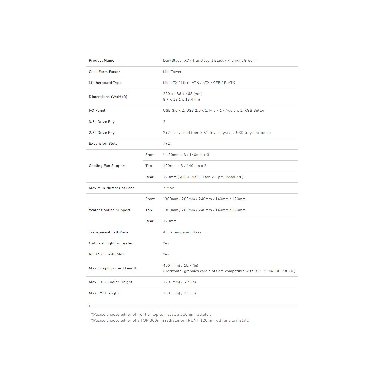 Cougar Dark Blader X7 RGB Mid Tower ATX Computer Case, Tempered Glass Side Panel, 1x 120mm ARGB VK120 Fan Pre-Installed, Translucent Black